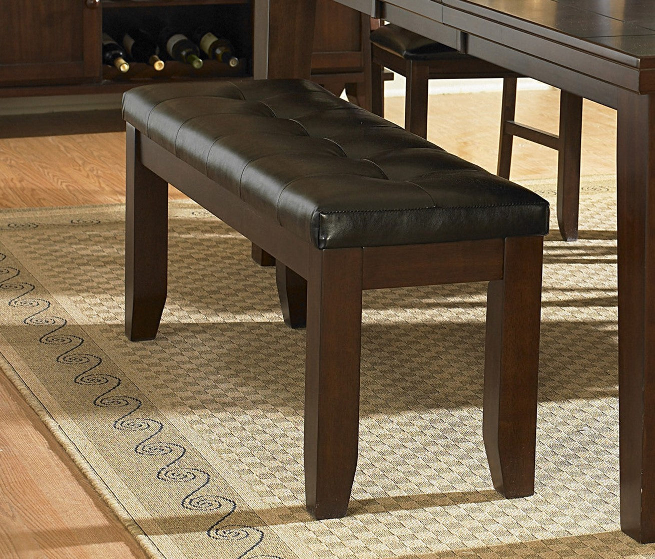 Tufted dark brown faux leather dining bench with wooden legs
