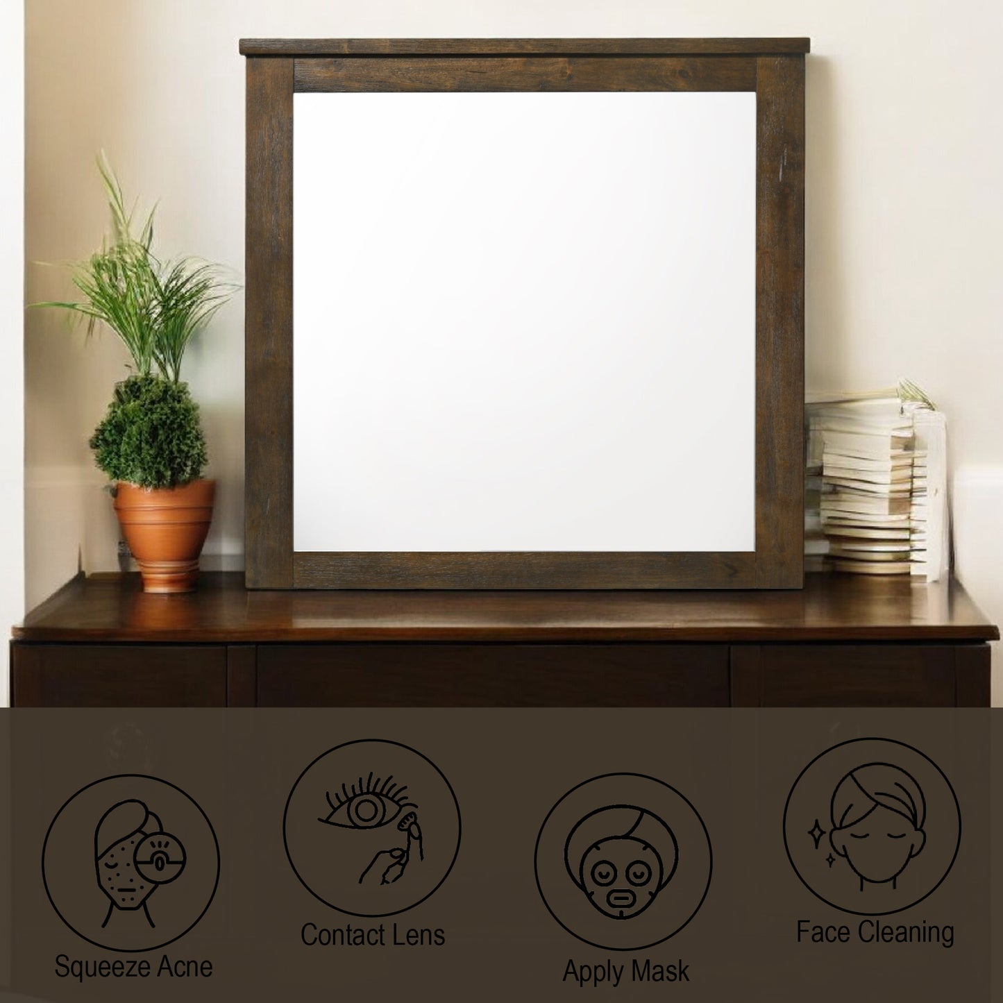 Square dark wood framed mirror with white reflective surface