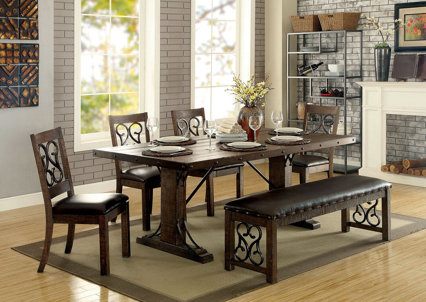 Rustic dark wood dining table with metal accents and upholstered chairs