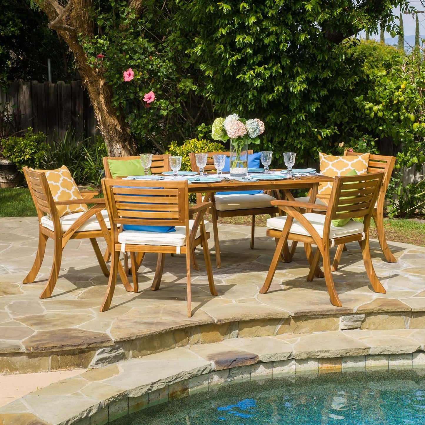 TREATLIFE HOME Outdoor 7-Piece Wood Dining Set with Cream Cushions, Acacia Wood, Teak Finish