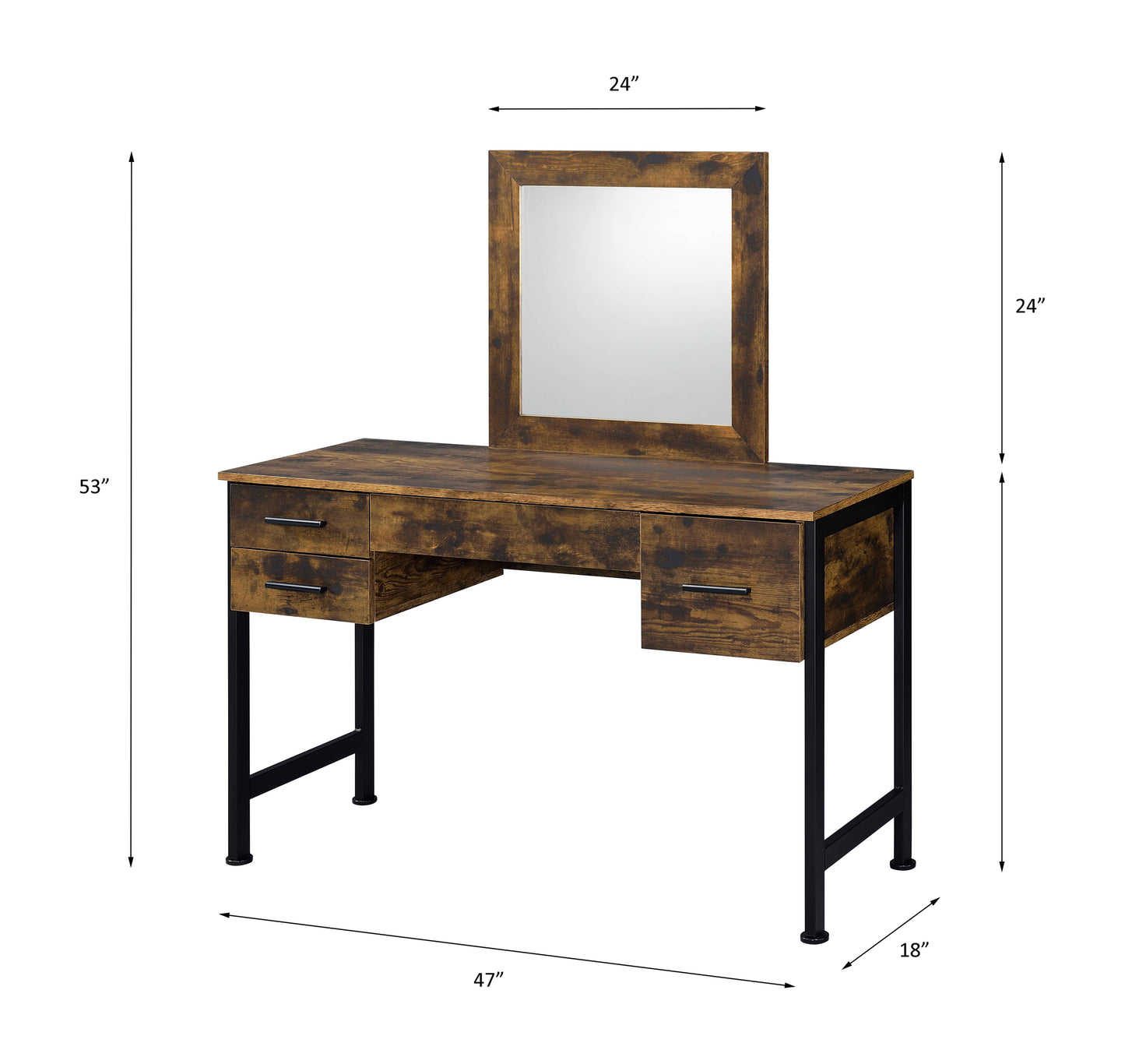 Rustic wood makeup vanity with mirror and four drawers