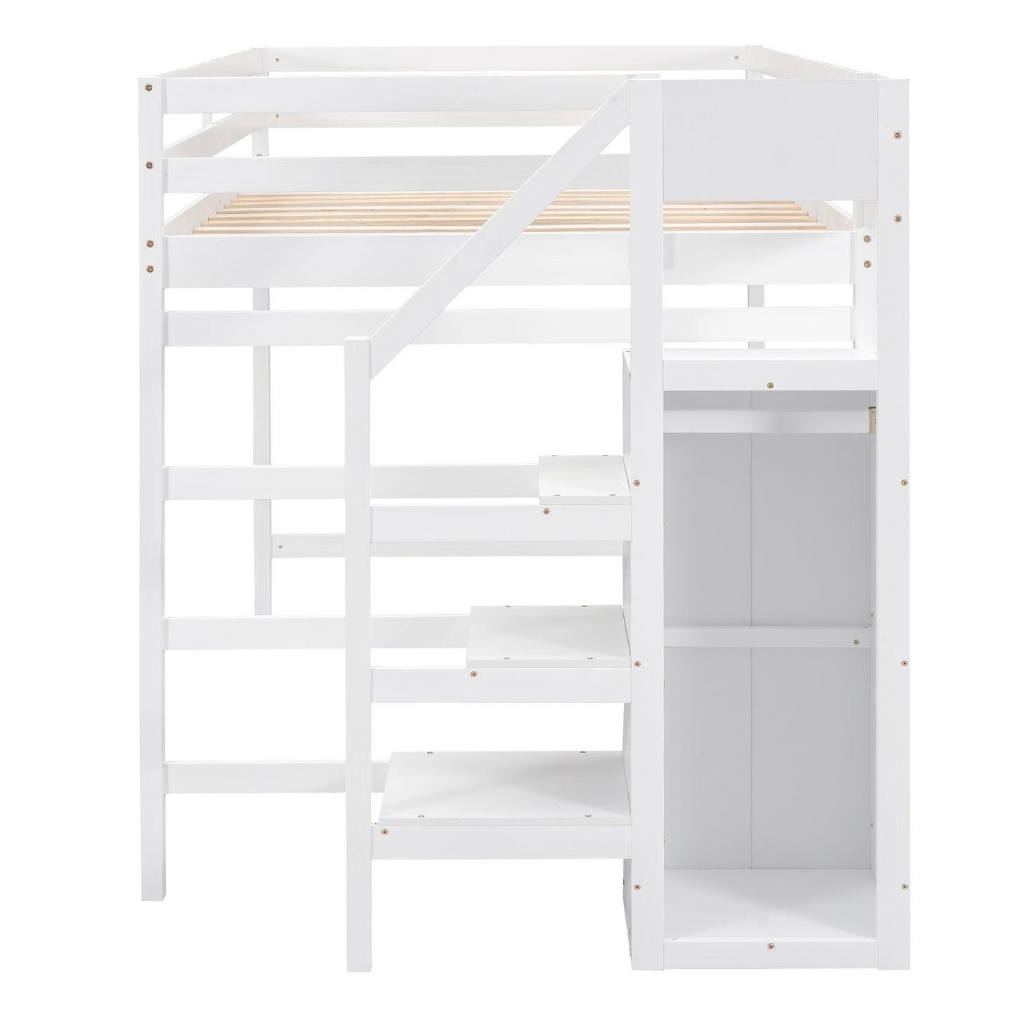 White wooden loft bed with integrated stairs and shelving unit