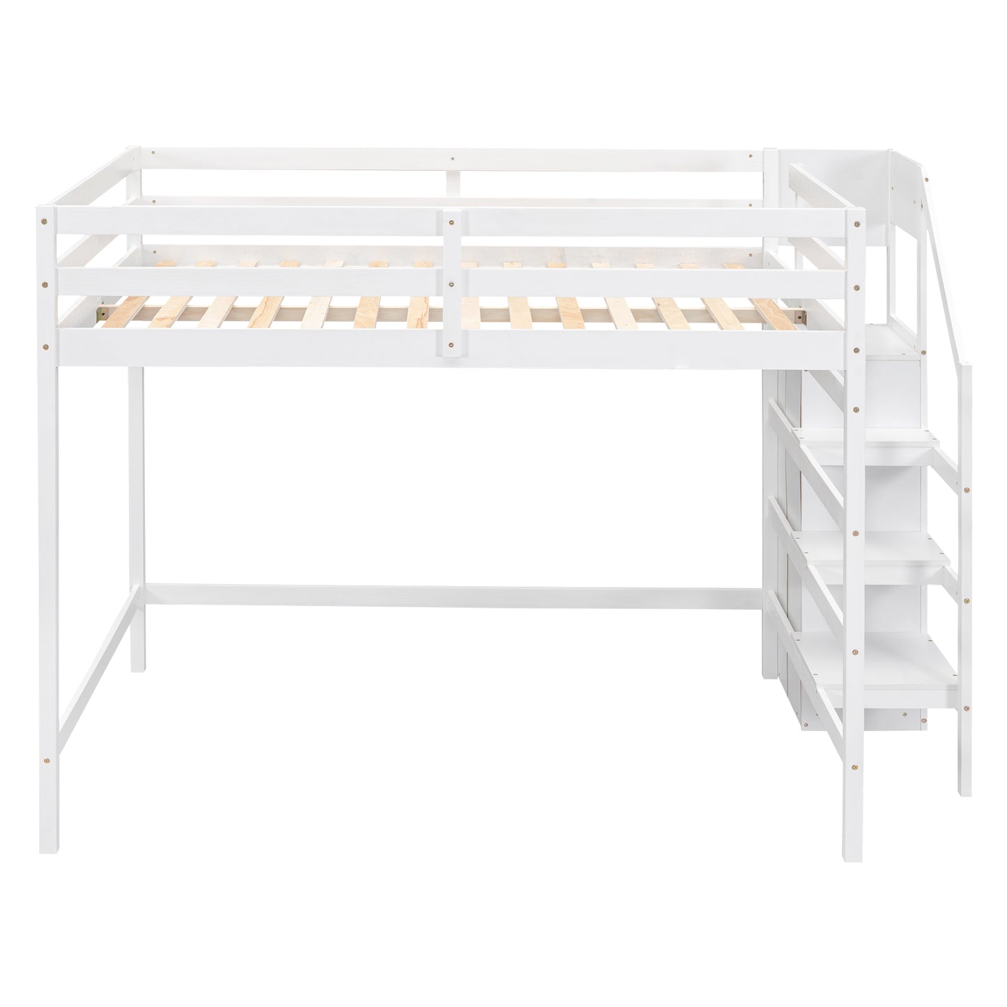 White wooden loft bed frame with integrated stairs