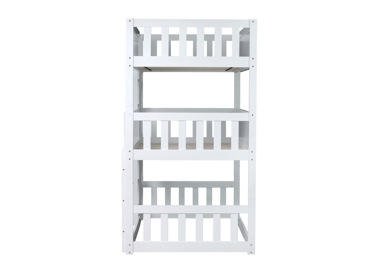 White wooden bunk bed frame with slatted sides