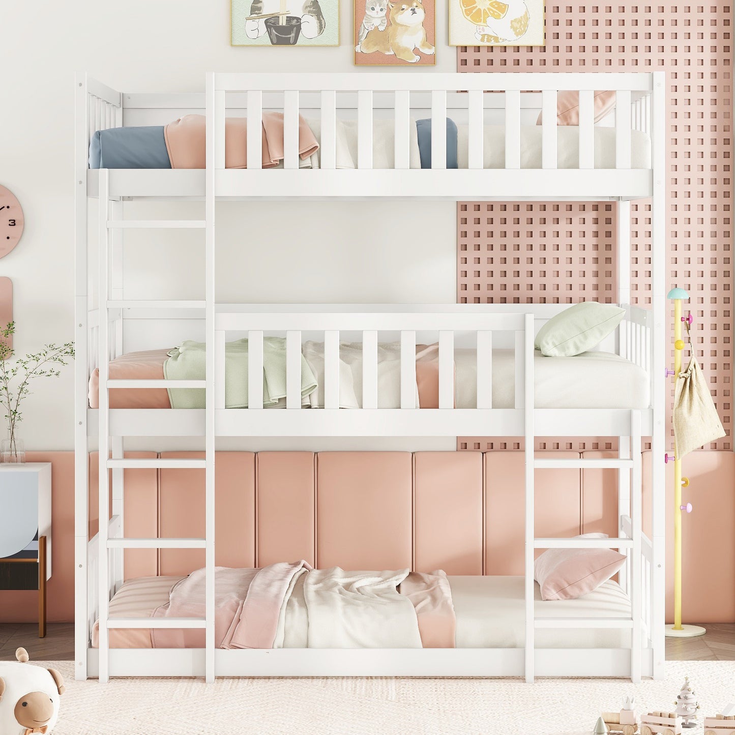 White wooden triple bunk bed with padded pink headboard for children