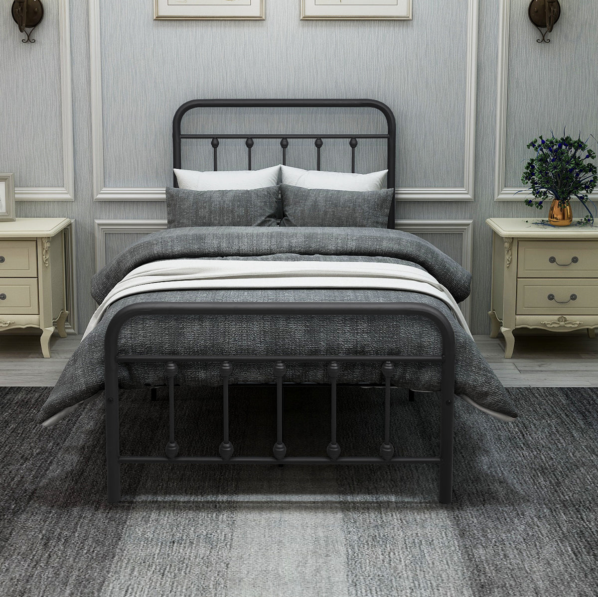 Black metal bed frame with curved headboard and footboard