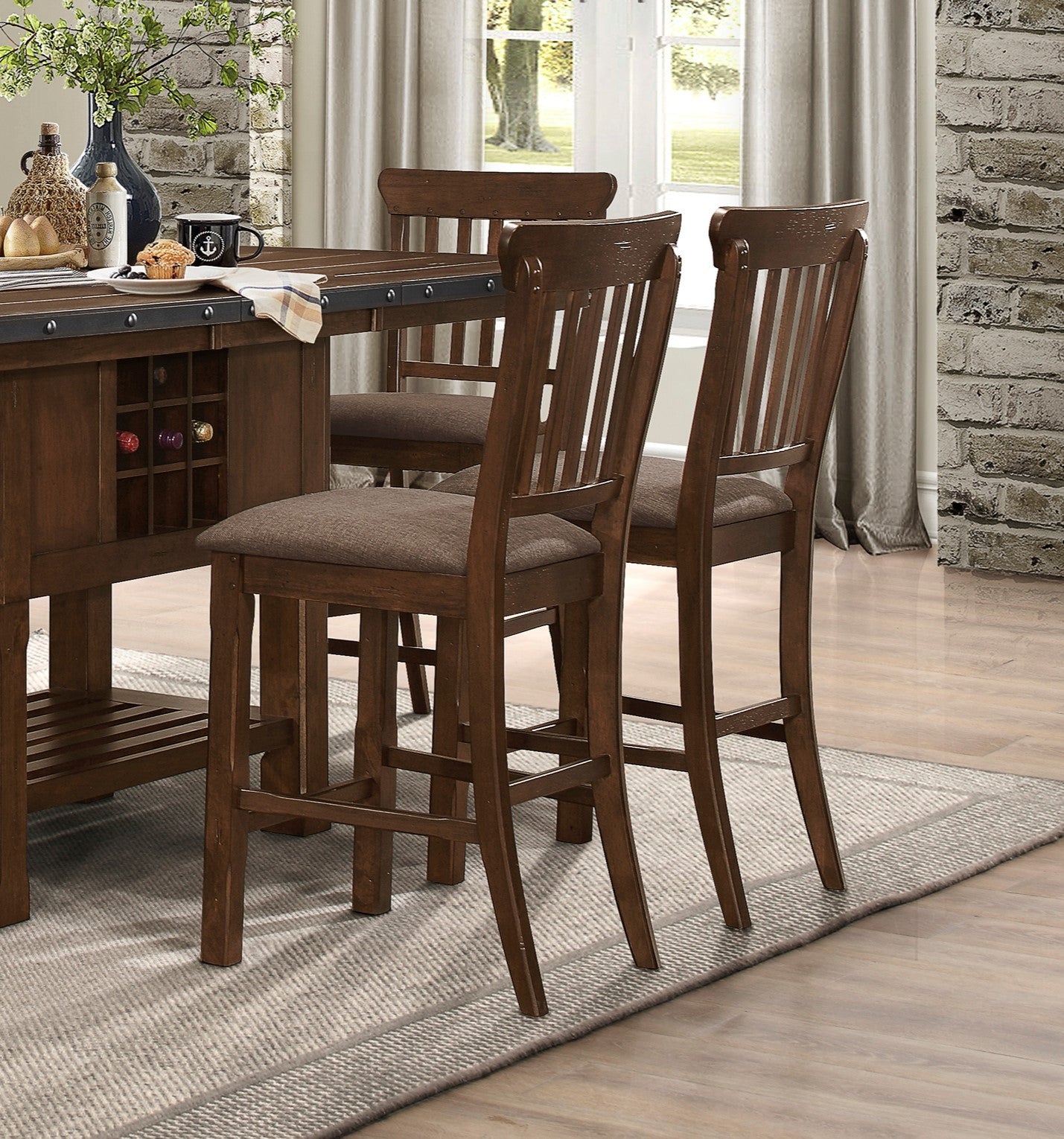 Solid wood counter stool with upholstered seat in warm brown finish