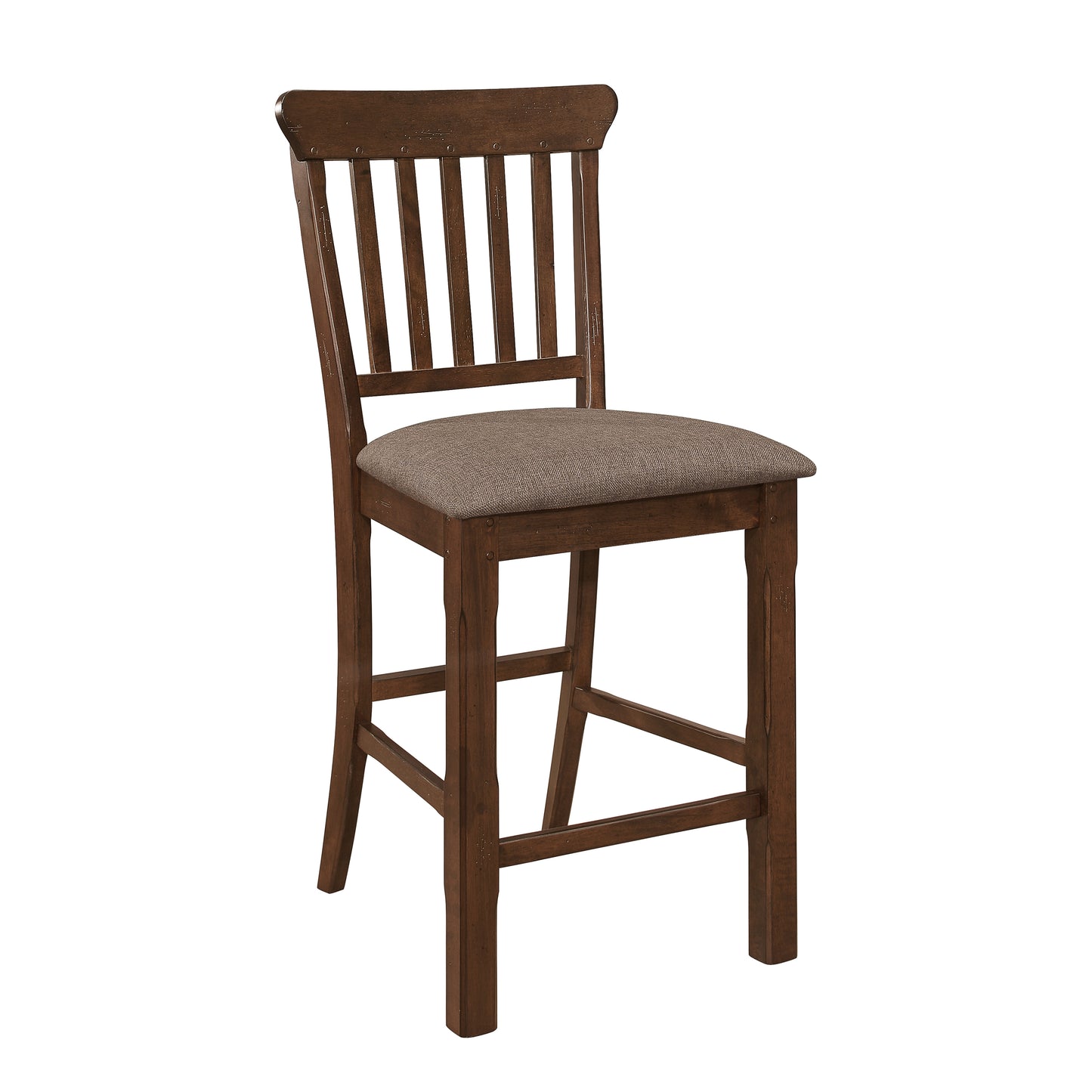 Brown wooden bar stool with slatted back and upholstered seat