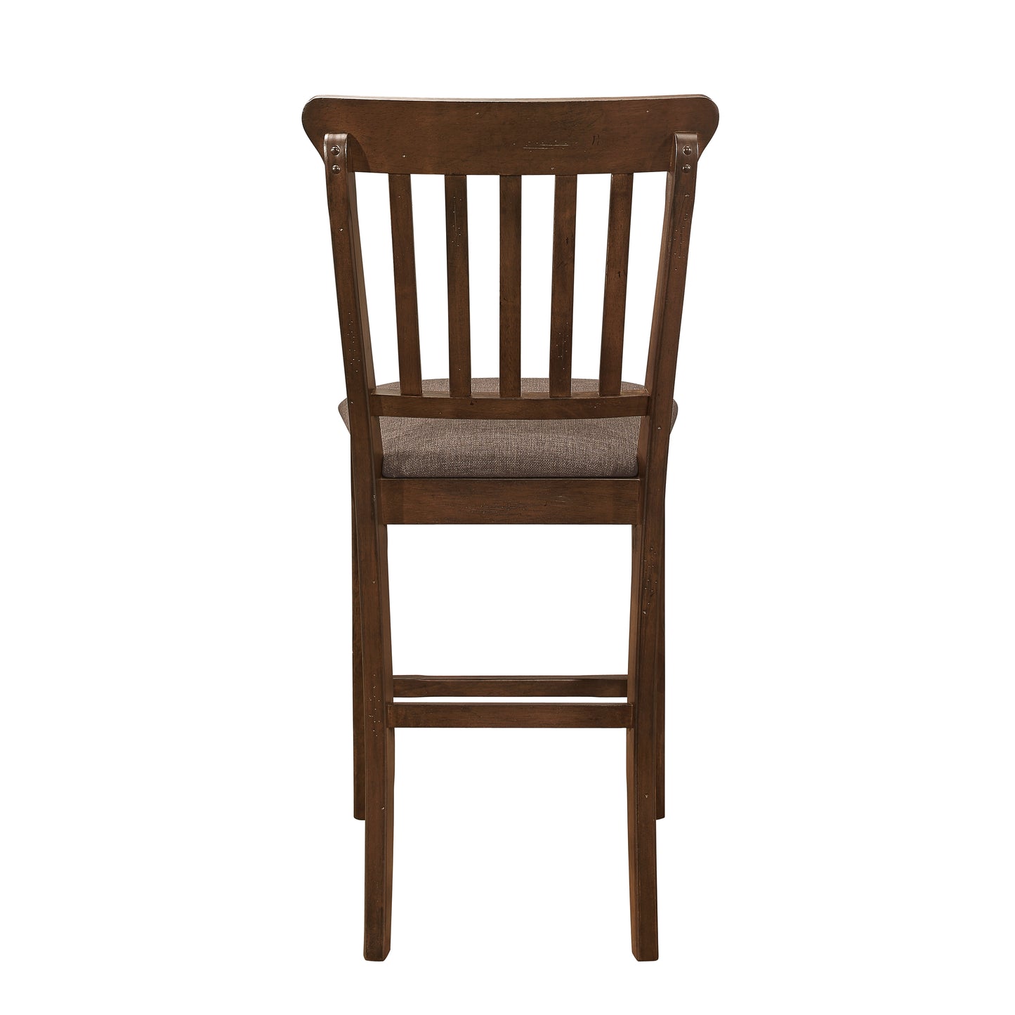 Dark brown wooden bar stool with slatted back and grey fabric seat