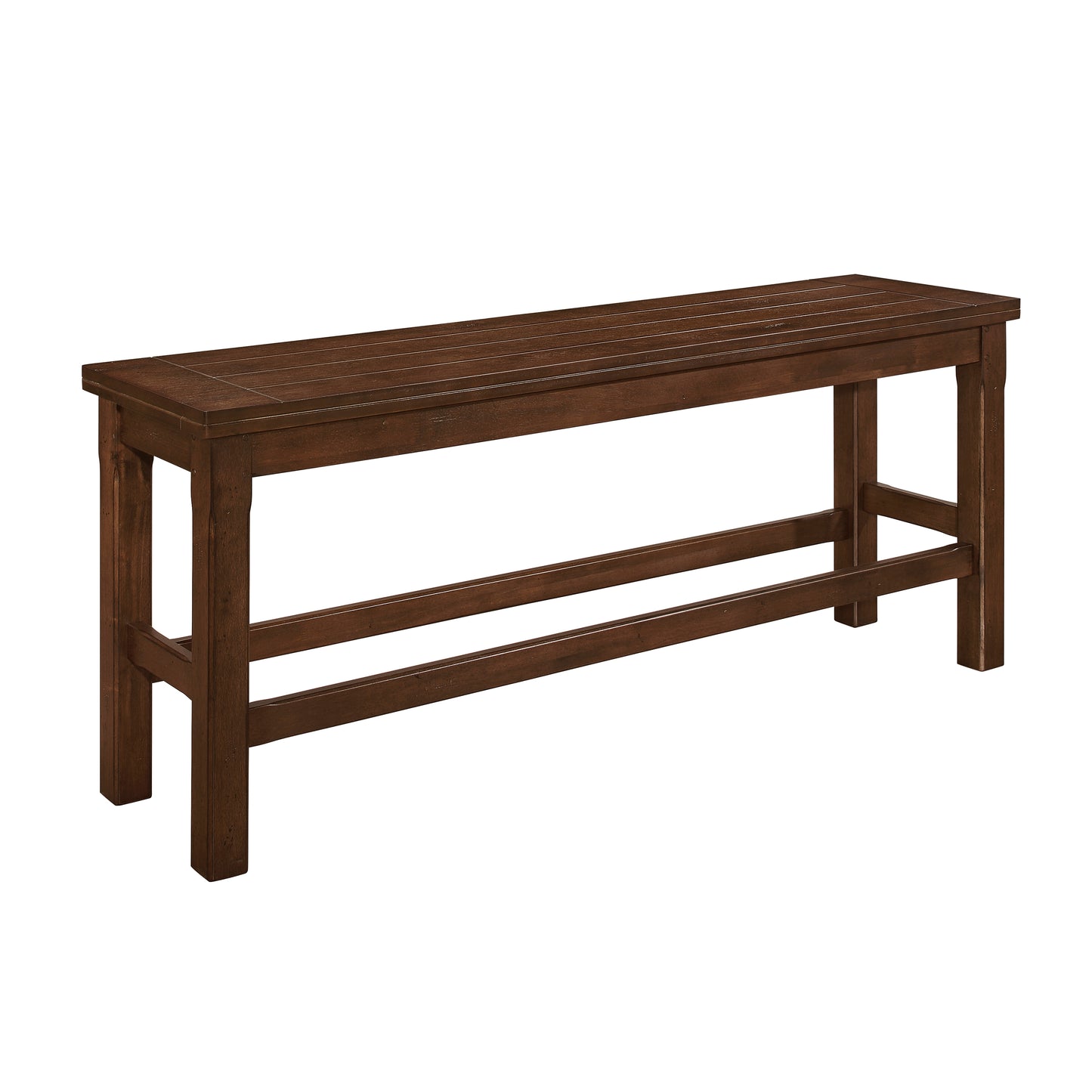 Dark brown wooden bench with slatted seat