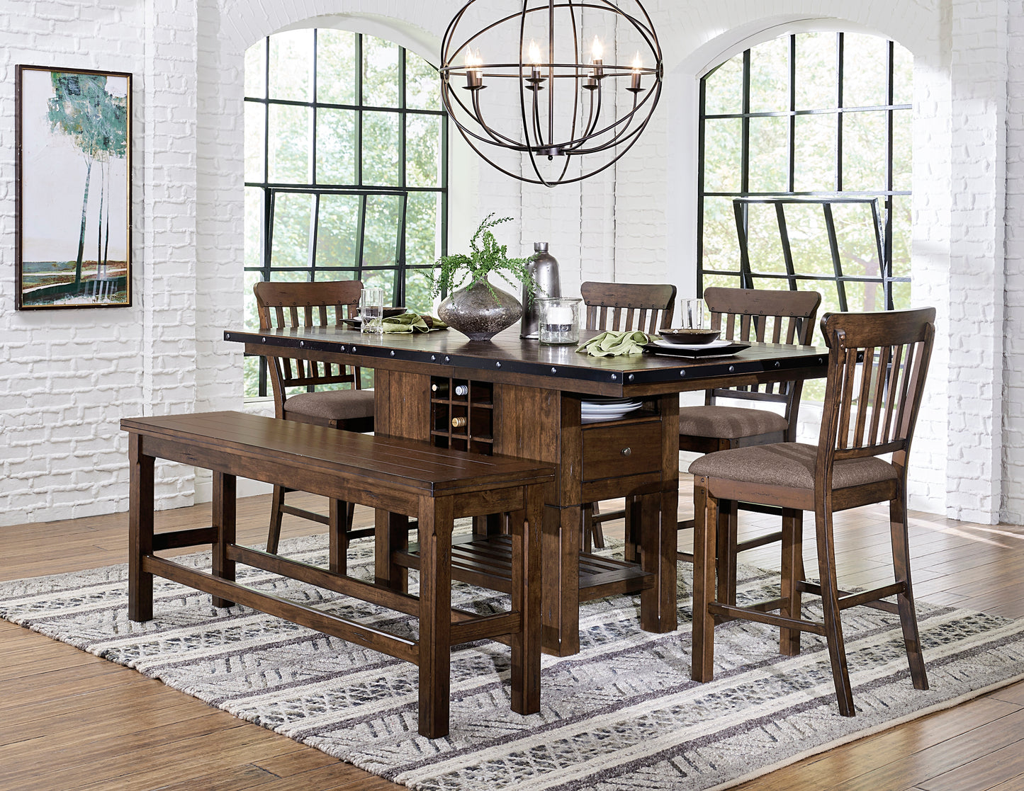 Rustic brown wood dining table with wine rack and upholstered stools