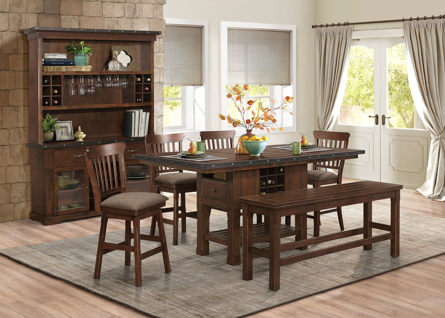 Dark wood dining set with a pub table four chairs and a bench