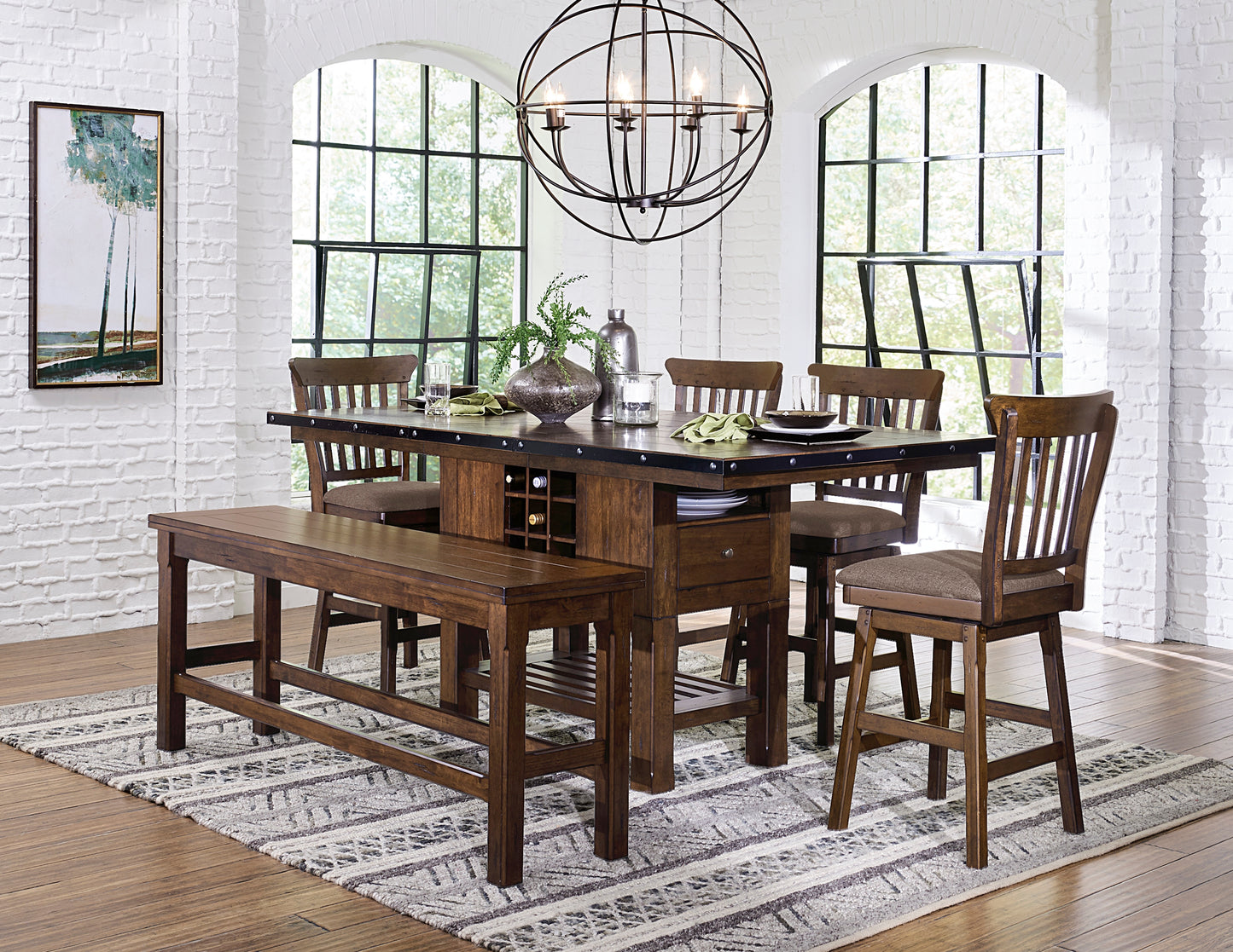Dark wood counter height dining set with bench and stools