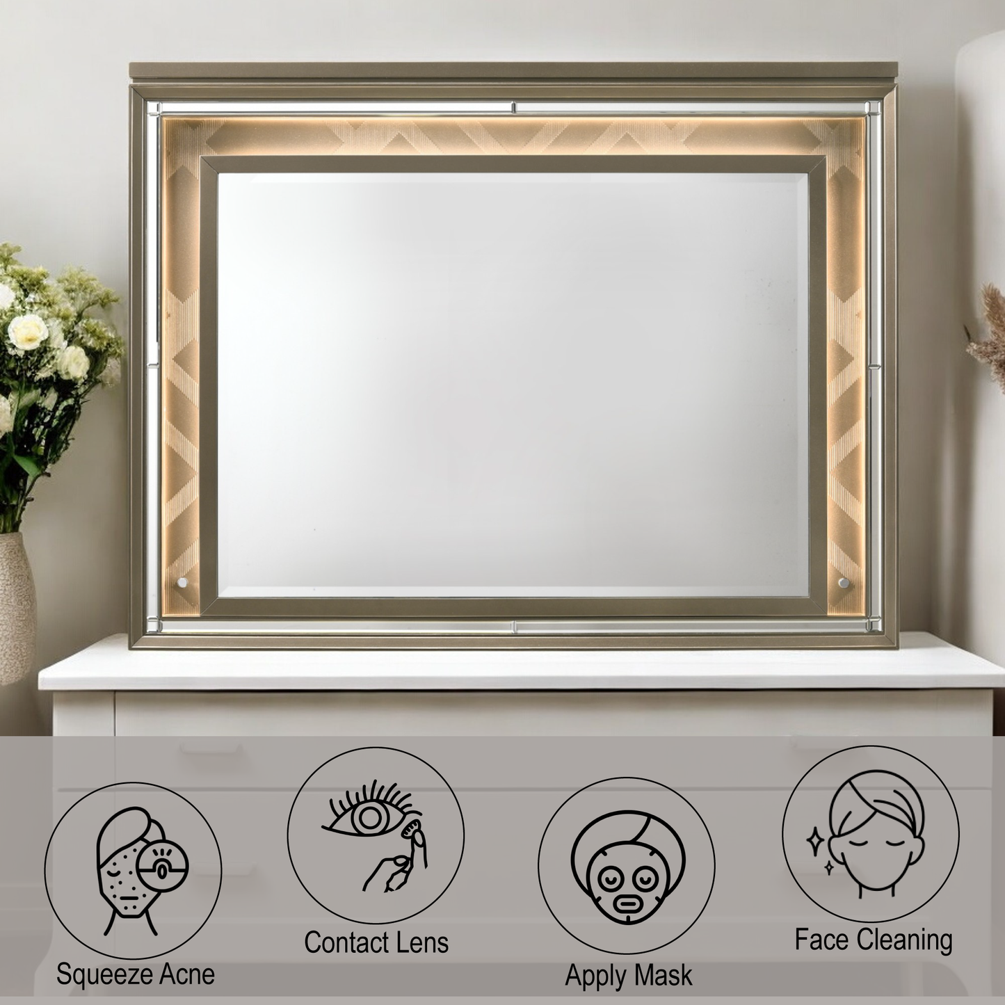 Ornate gold framed vanity mirror with integrated LED lighting and geometric design accents