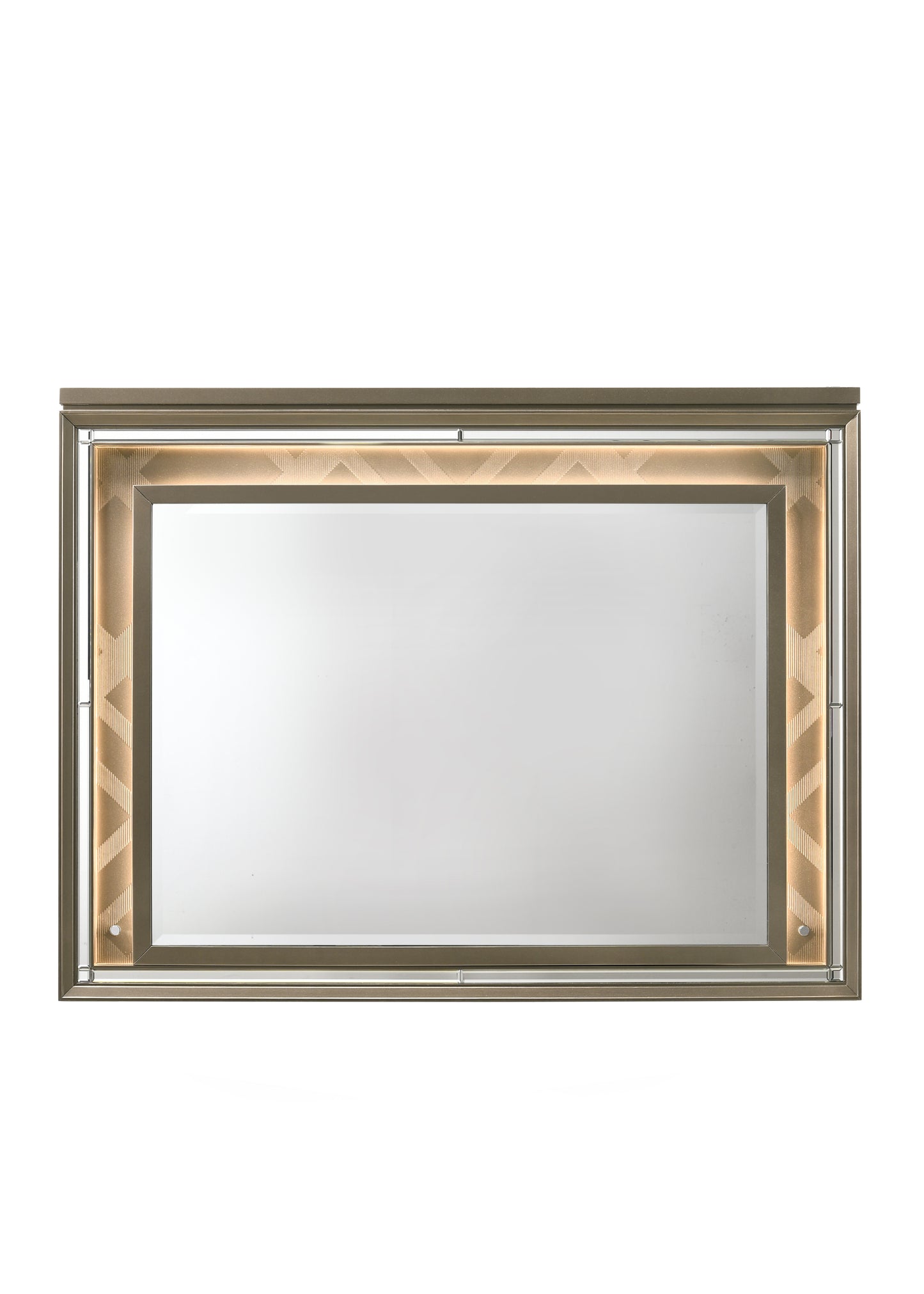 Modern rectangular vanity mirror with integrated warm LED lighting and metallic bronze frame