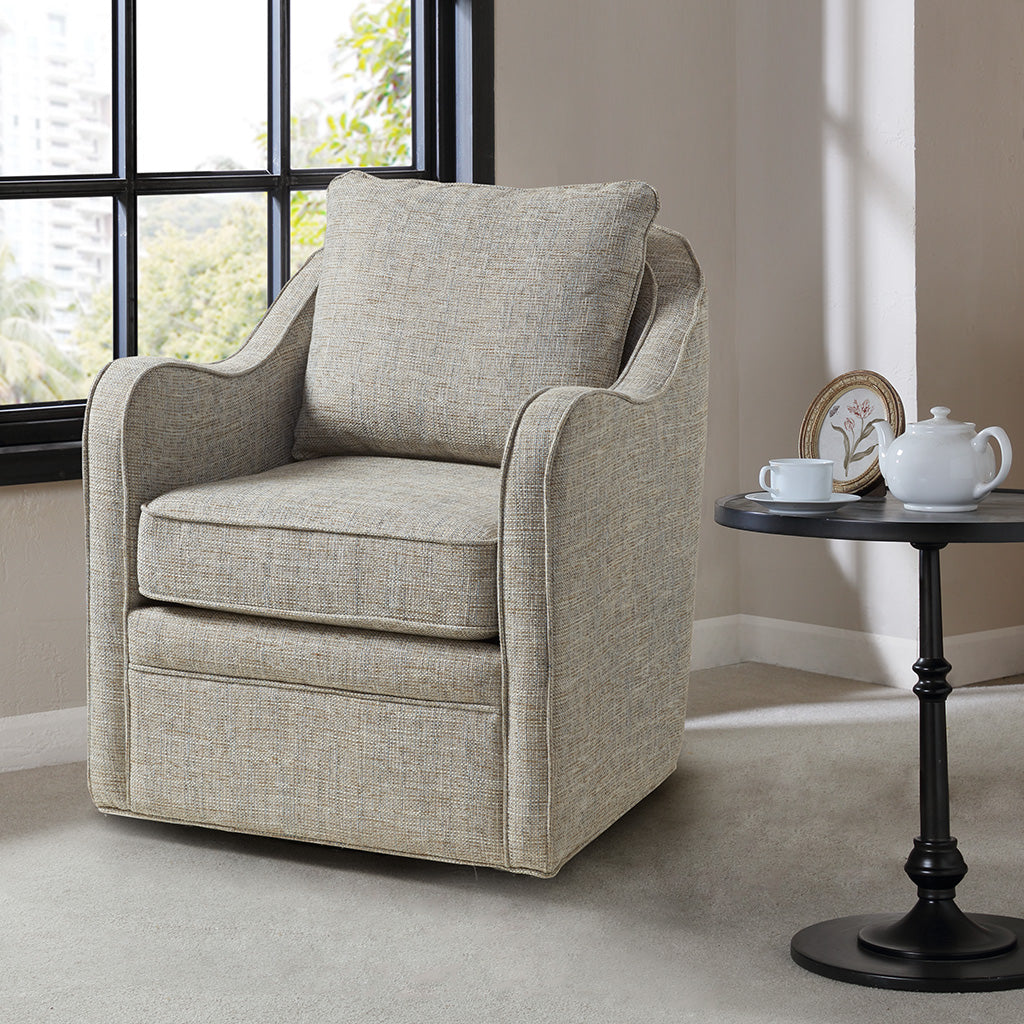 TREATLIFE HOME Wide Seat Swivel Arm Chair with Loose Back Pillow and Black Metal Base, Grey