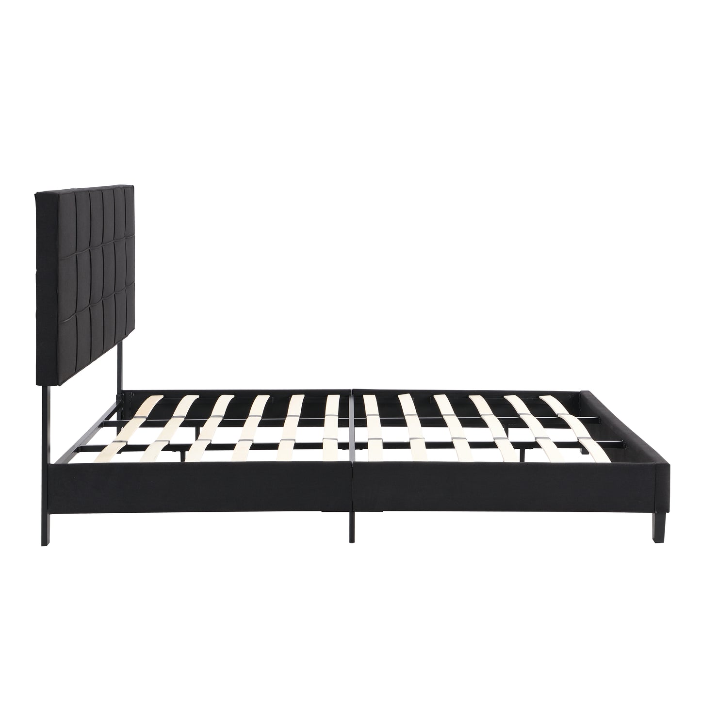 Black upholstered bed frame with a tufted headboard and wooden slats