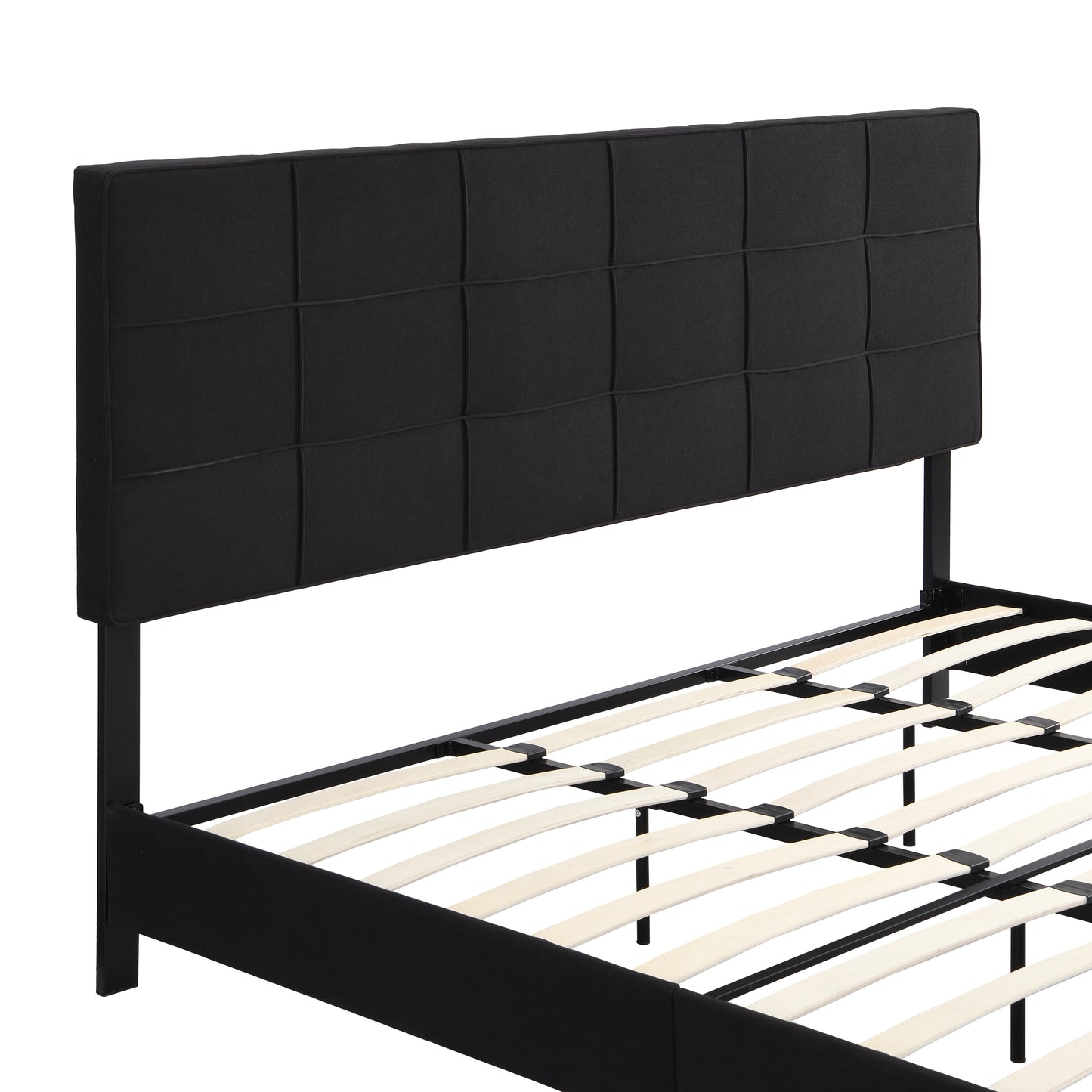 Black upholstered headboard bed frame with slat support