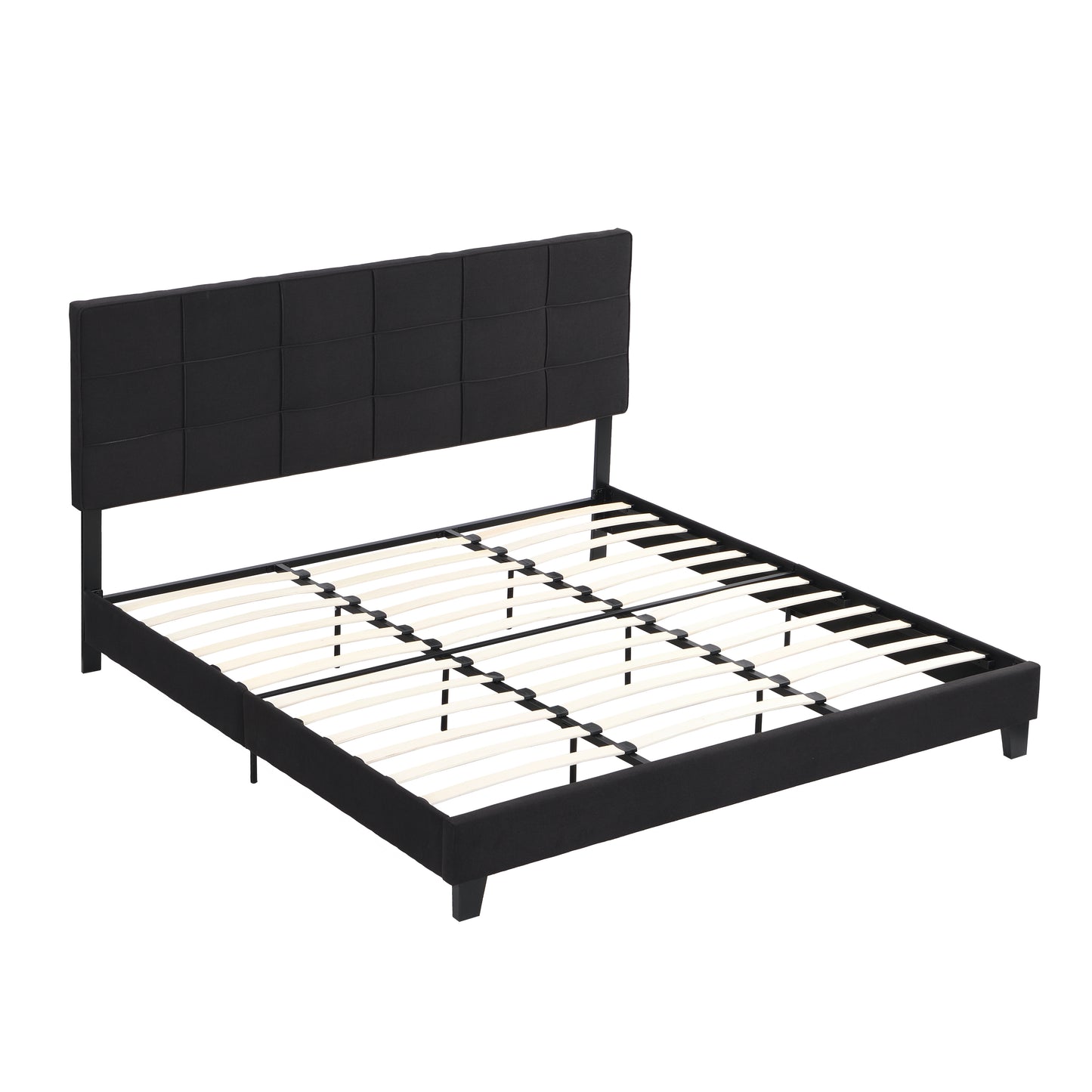 Black upholstered platform bed frame with squarestitched headboard and wooden slats