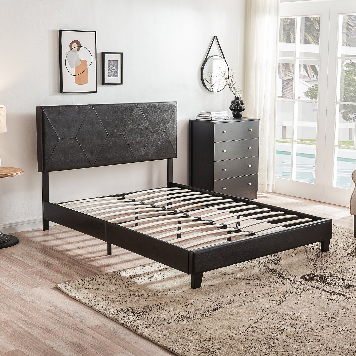 Modern black faux leather platform bed frame with geometric headboard and wooden slats
