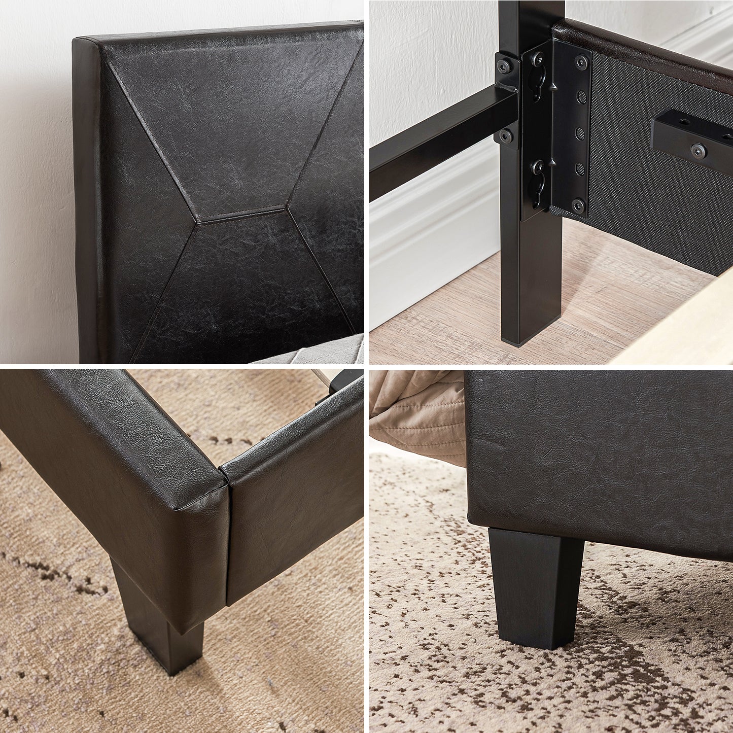 Dark brown faux leather bed frame with geometric stitching on headboard