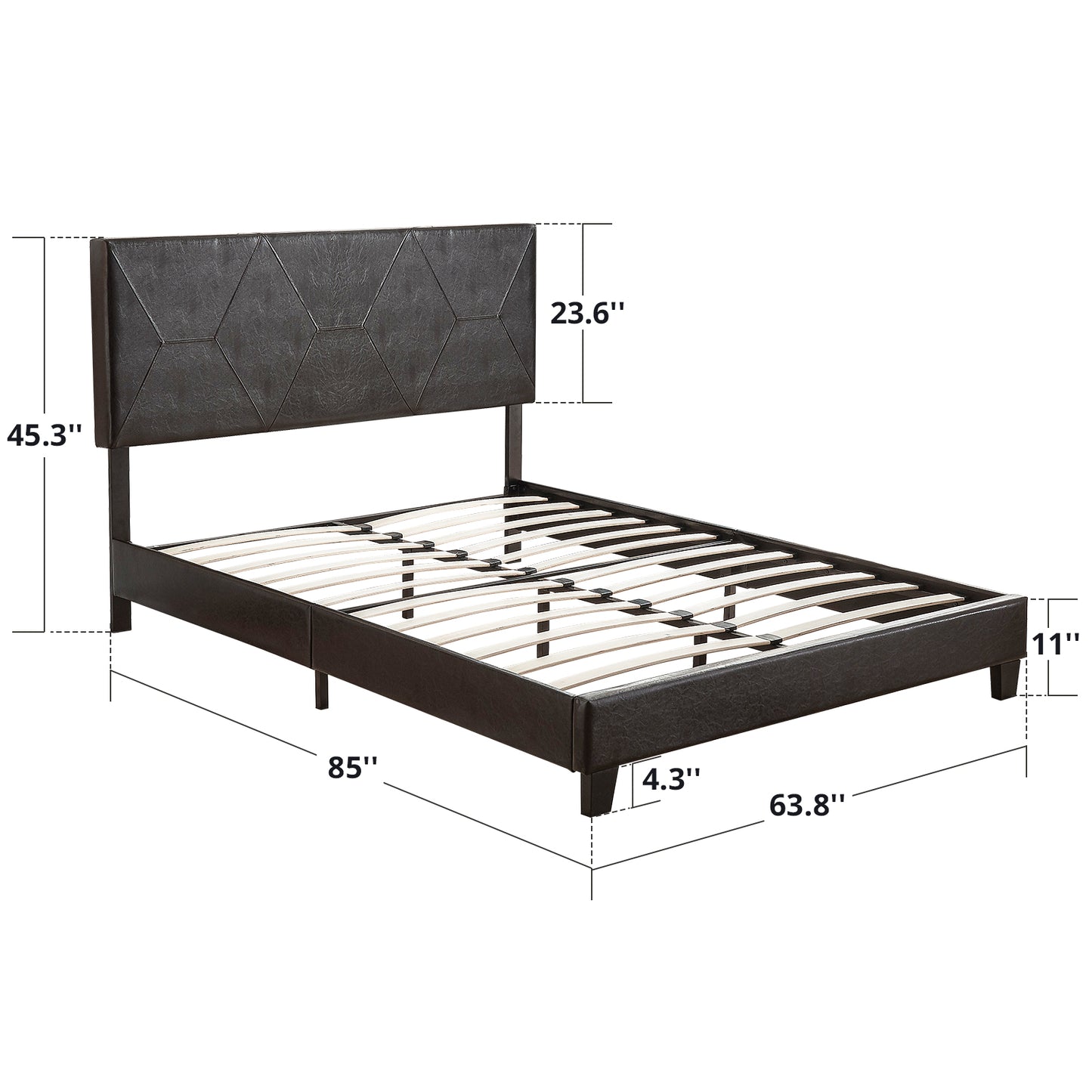 Dark brown faux leather queen bed frame with diamondstitched headboard and slatted support
