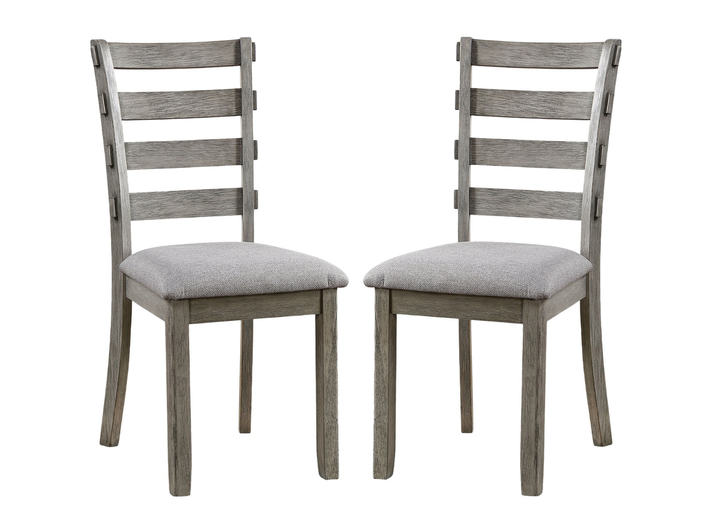 Two grey wood ladder back dining chairs with upholstered seats