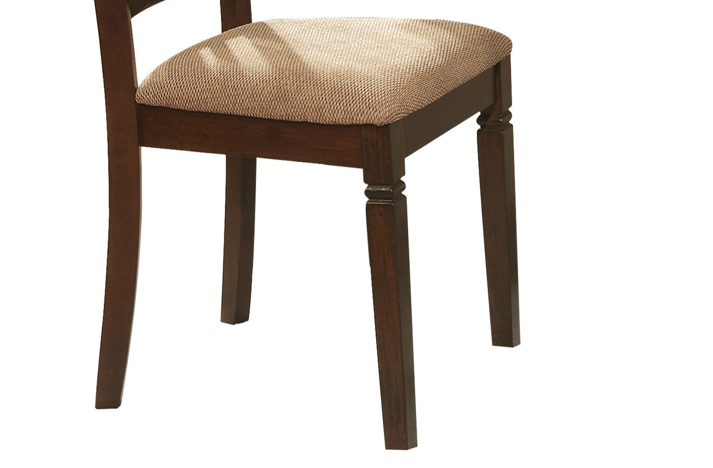 Dark wood dining chair with textured beige upholstered seat