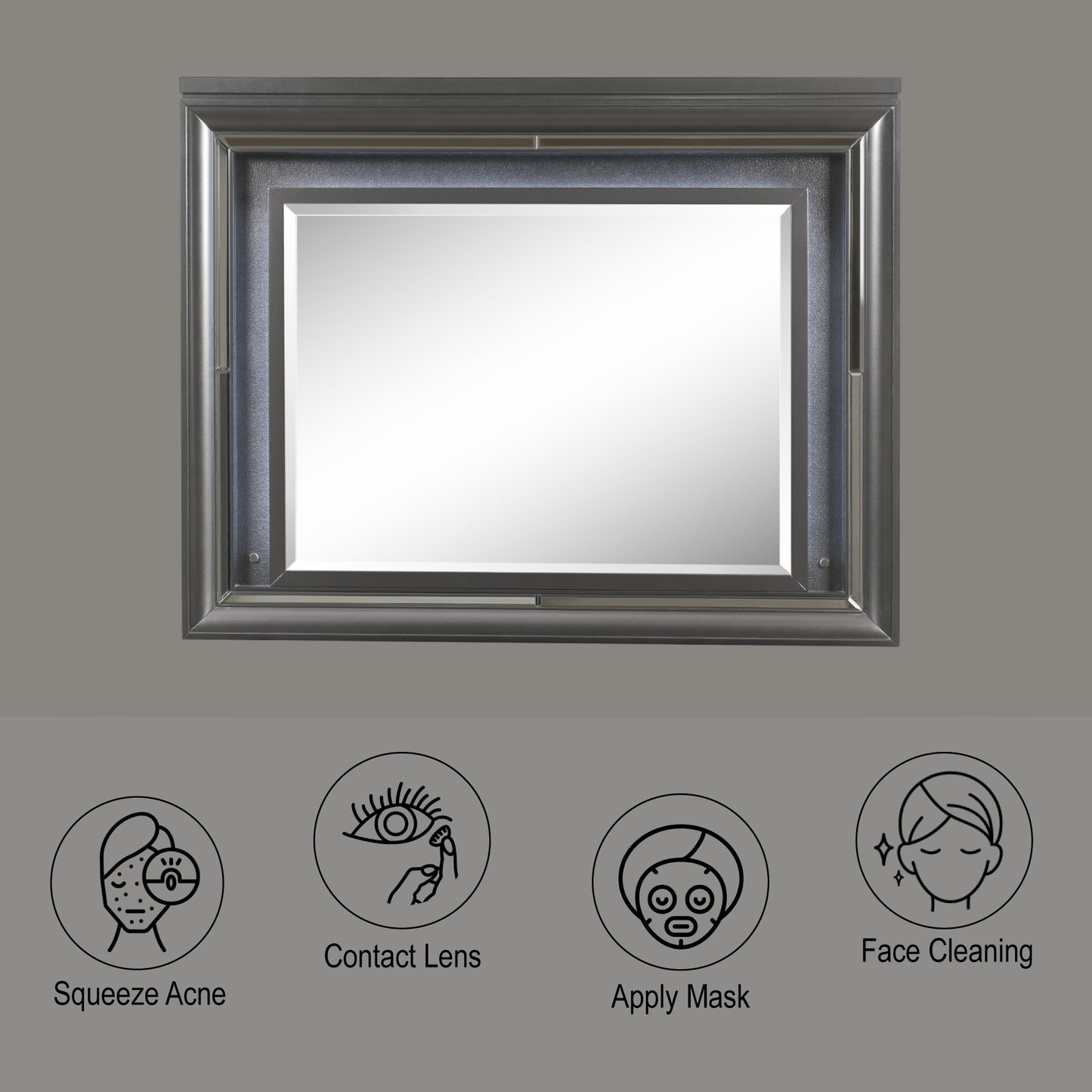 Ornate silver framed mirror for bathroom vanity