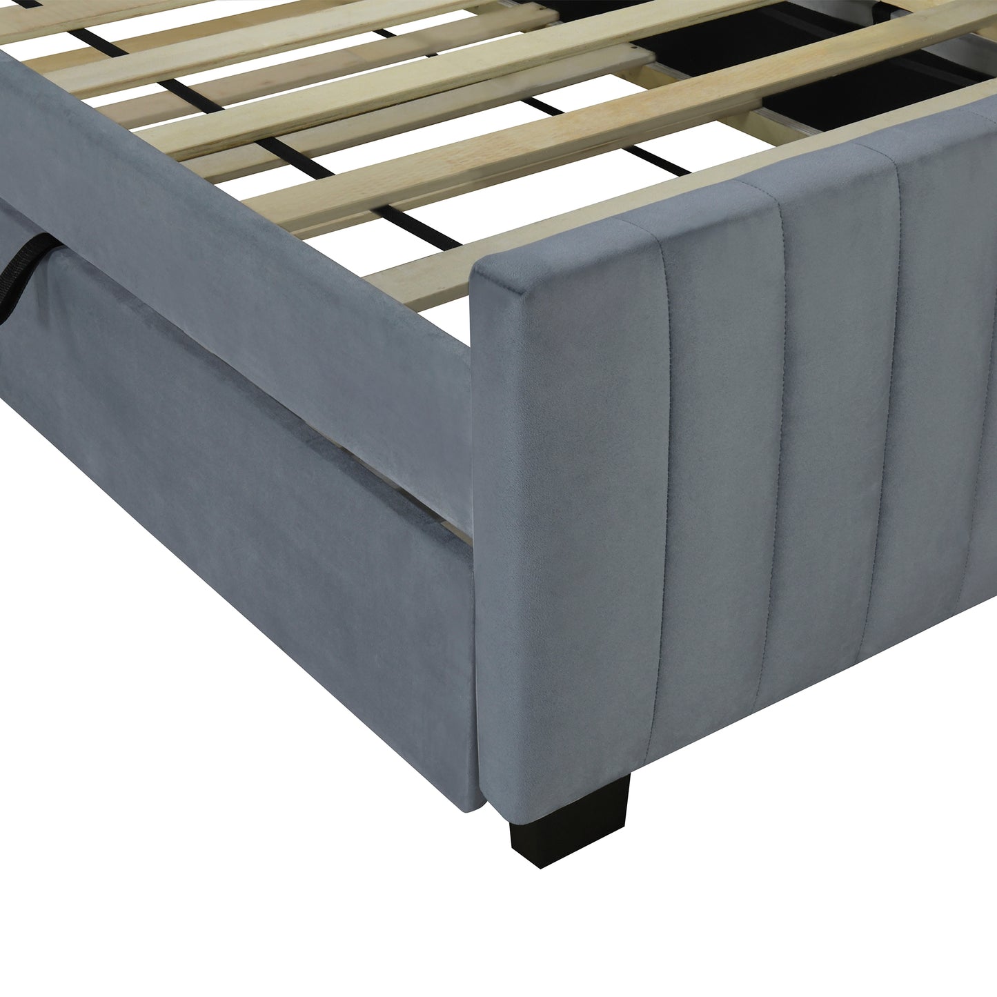 Gray upholstered bed frame with wooden slats