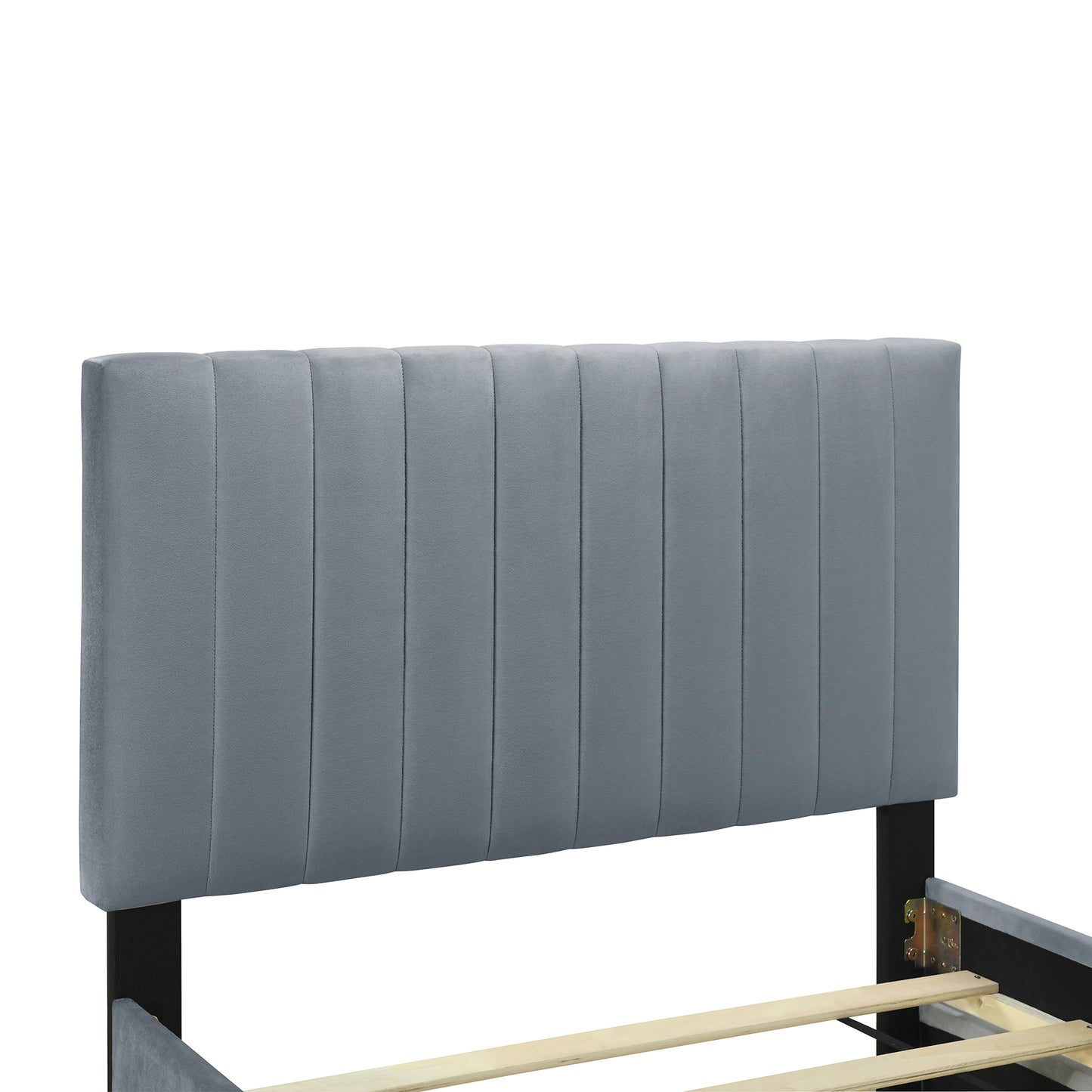 Gray velvet upholstered headboard with vertical channel tufting