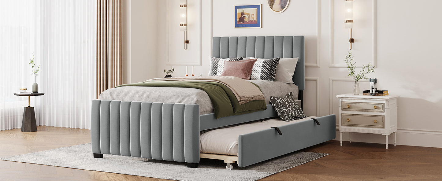 Grey velvet twin bed with trundle channel tufted headboard and frame