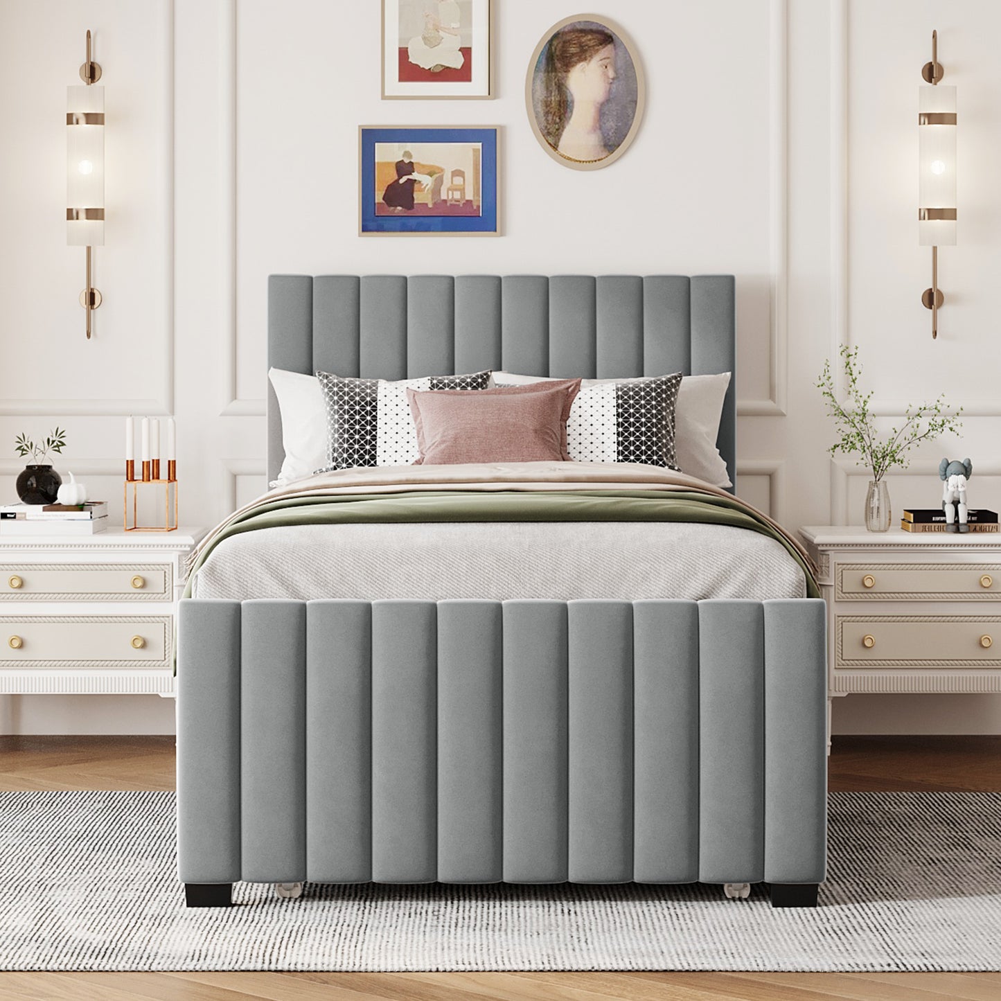 Grey velvet upholstered bed frame with vertical channel tufting on headboard and footboard
