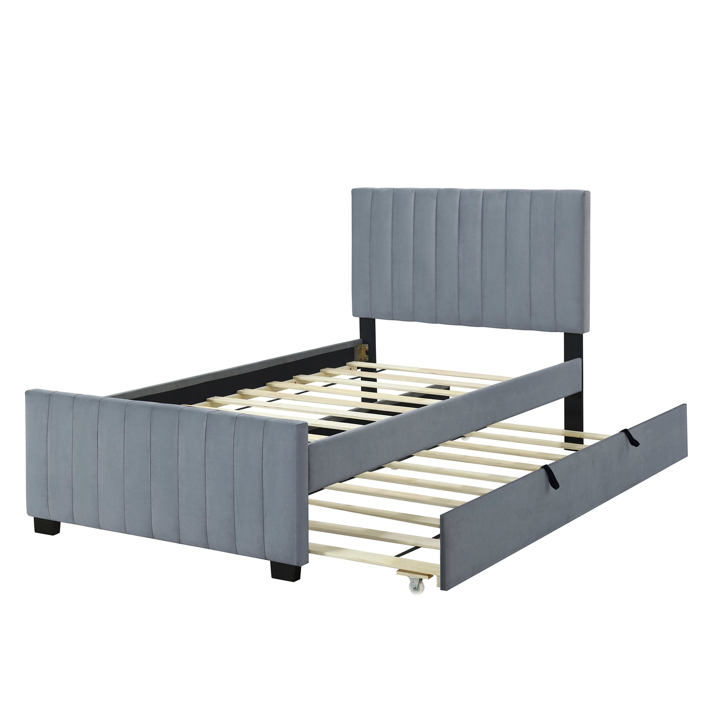 Gray velvet twin bed with pullout trundle