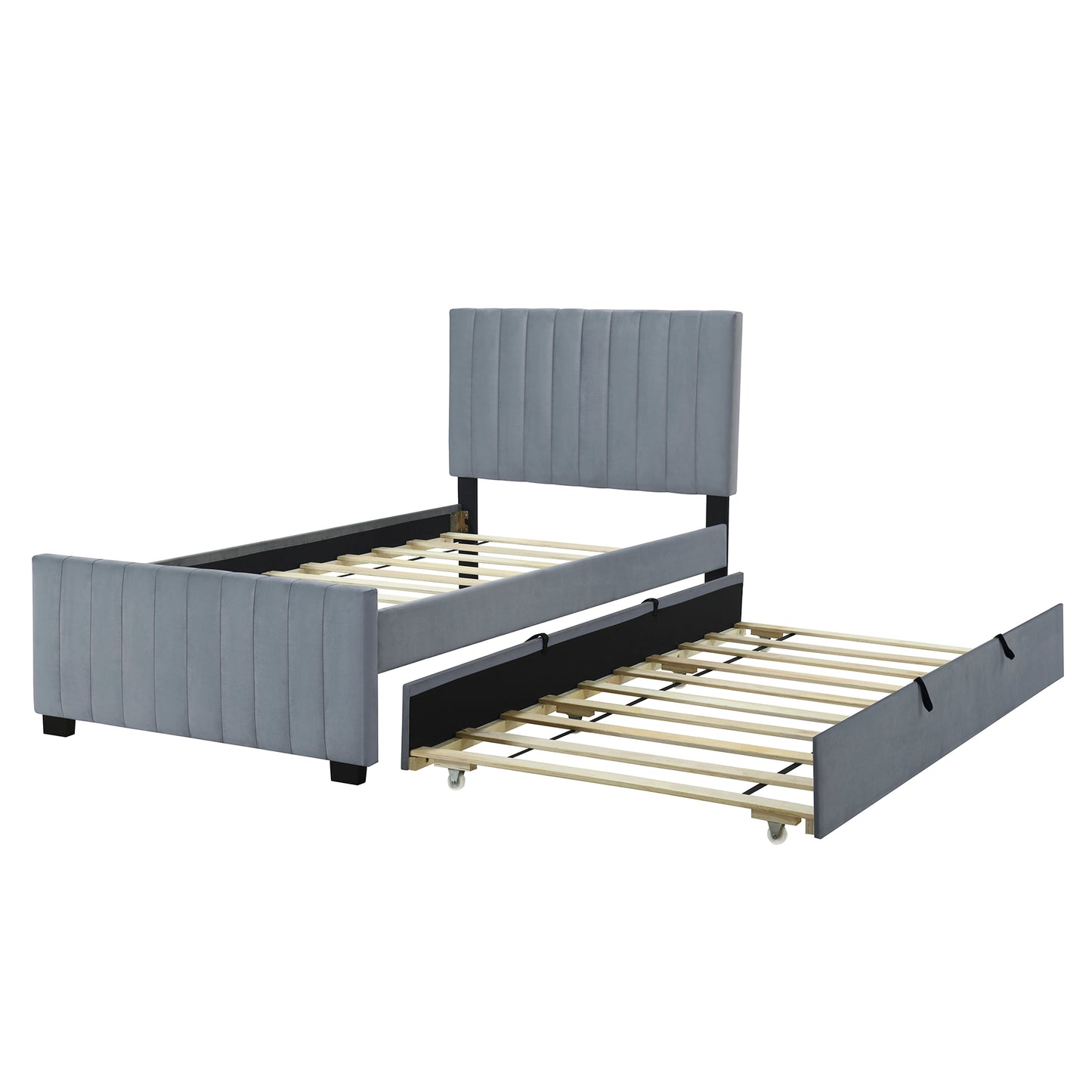 Gray upholstered twin bed frame with pullout trundle