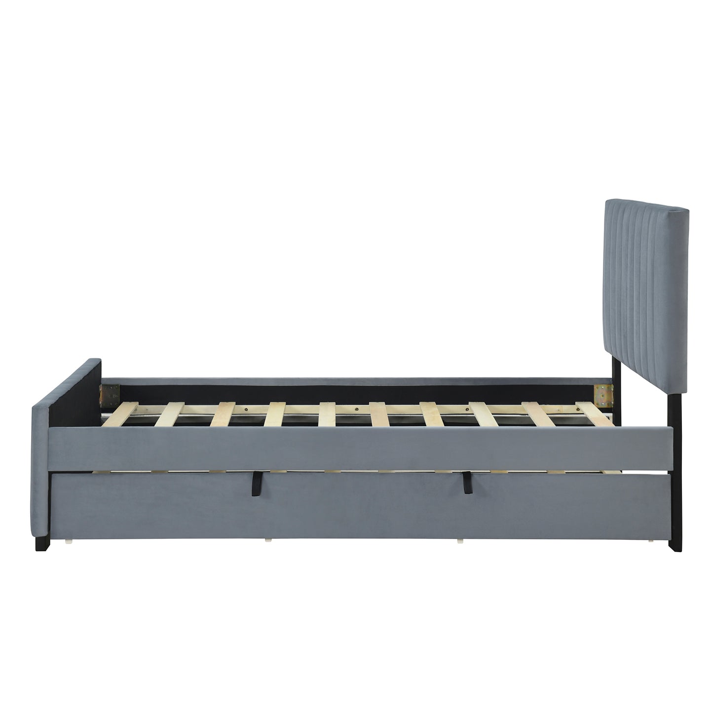 Grey velvet upholstered twin bed frame with pullout trundle