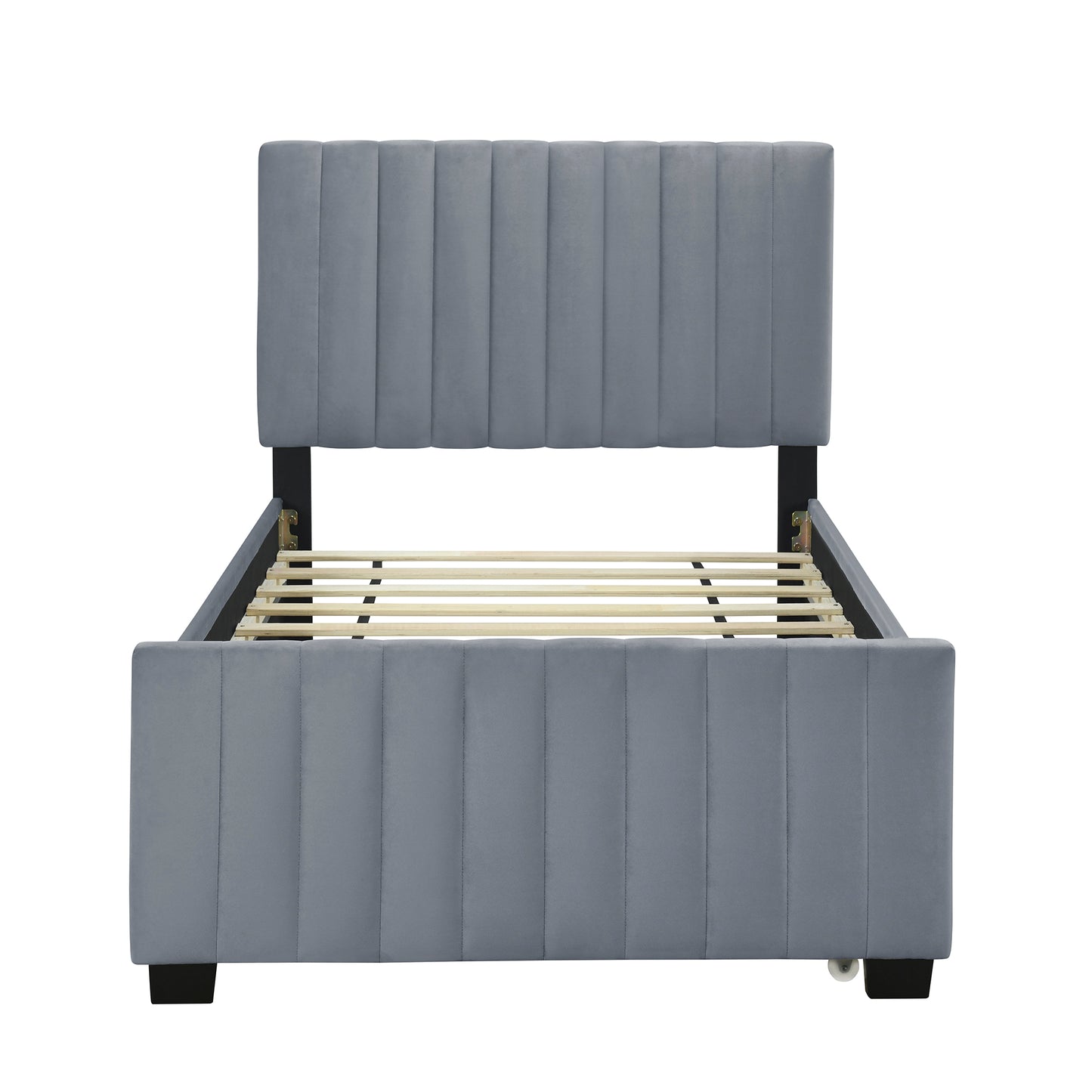Gray velvet upholstered platform bed frame with vertical channel tufting and wooden slats