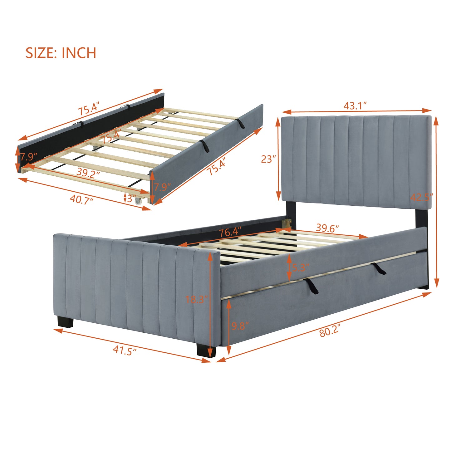 Gray velvet twin bed with pullout trundle and storage drawers