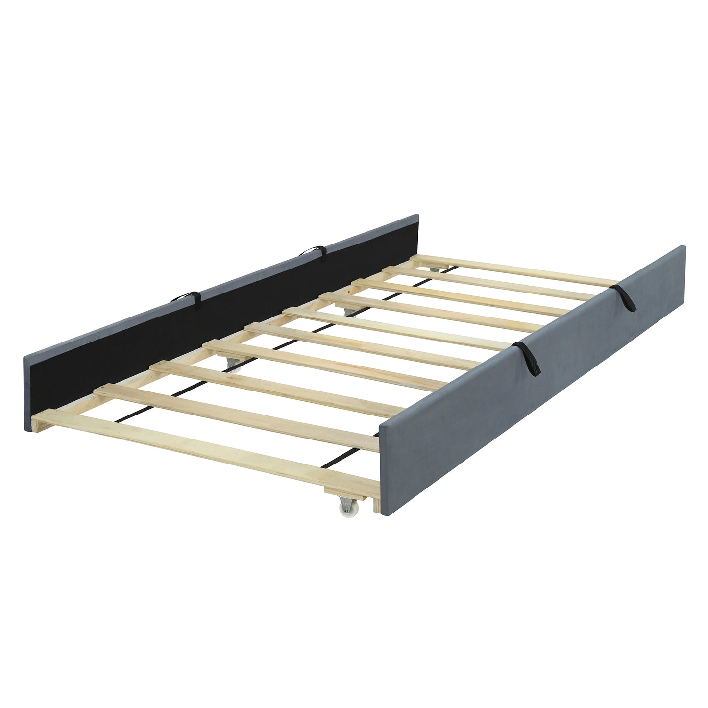Grey fabric upholstered daybed frame with wooden slats and wheels