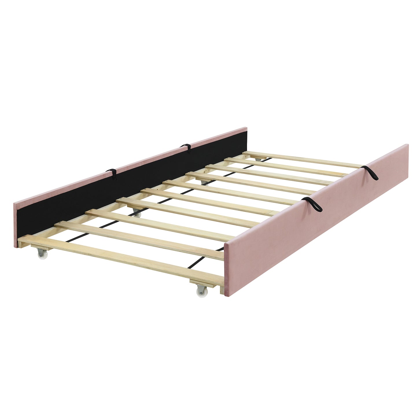 Pink velvet daybed frame with wooden slats and caster wheels