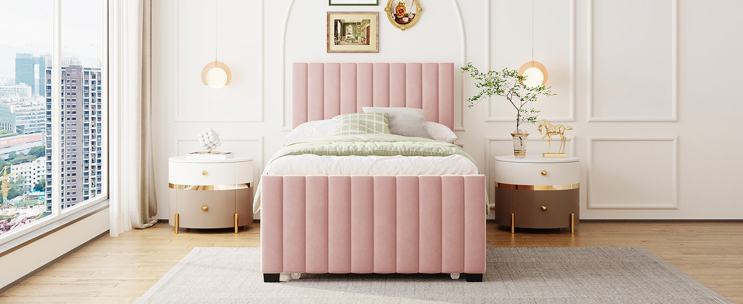 Pink velvet channel tufted bed frame with gold legs