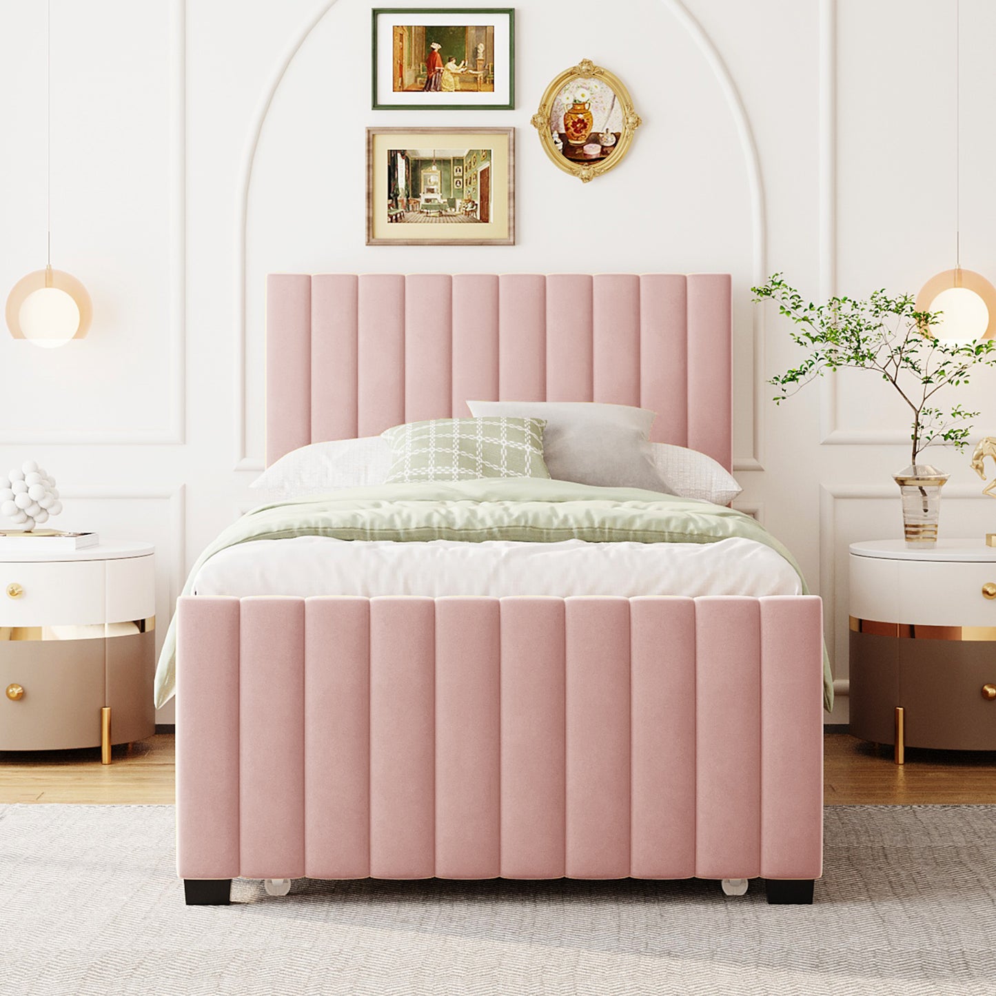 Pink velvet channel tufted bed frame with headboard and footboard