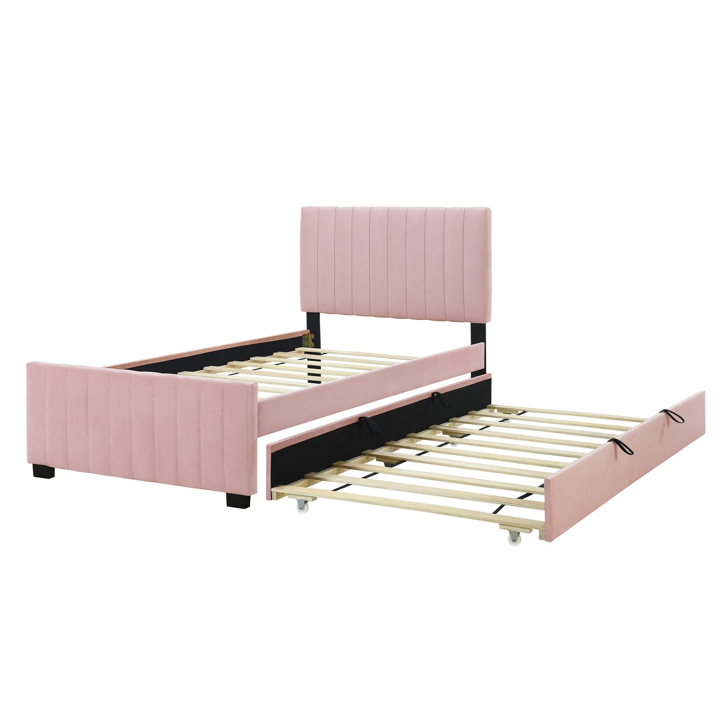 Pink velvet twin bed frame with channeled headboard and pullout trundle