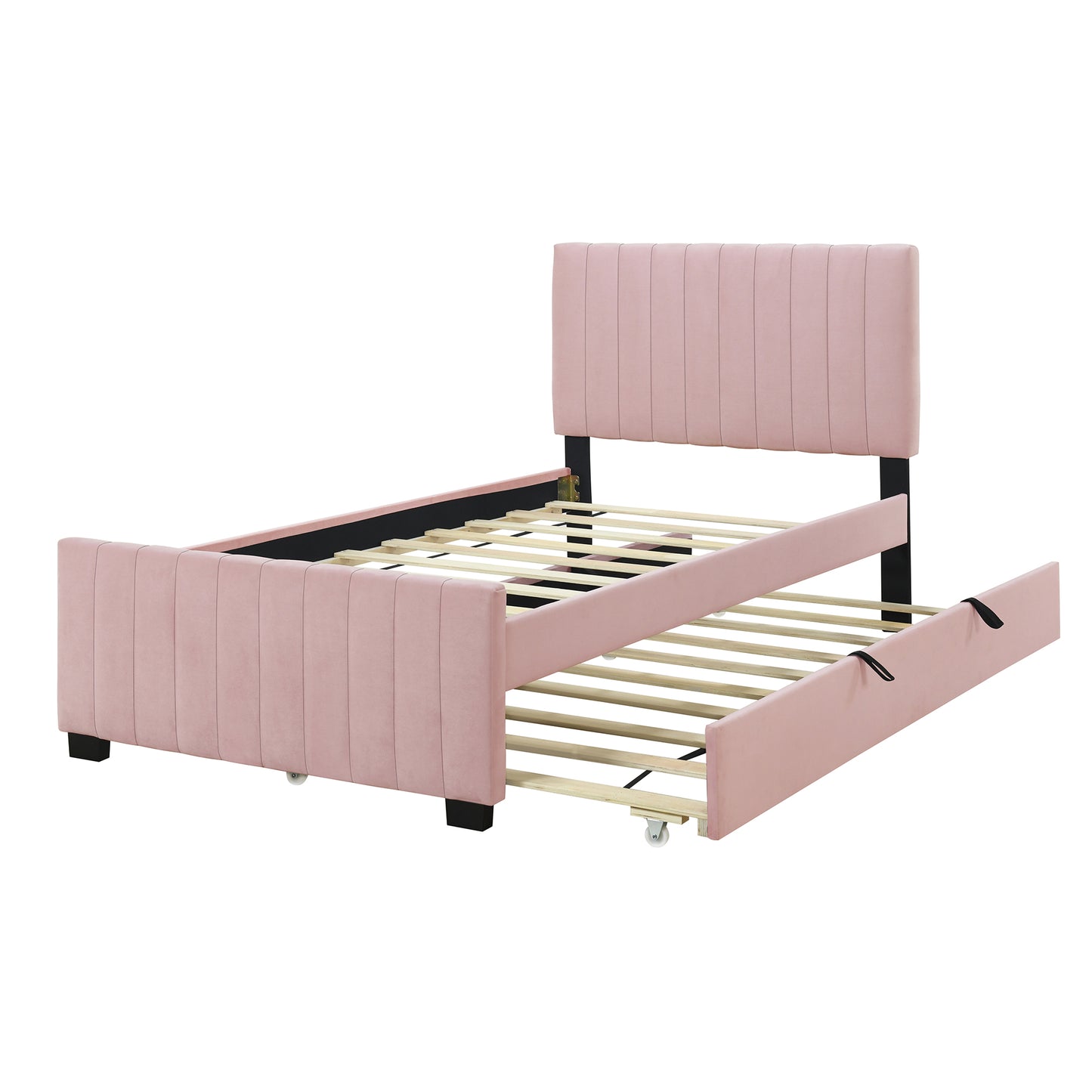 Pink velvet twin bed frame with pullout trundle tufted headboard and footboard