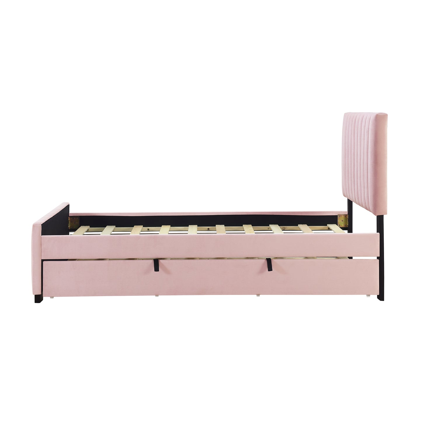 Pink velvet bed frame with integrated drawers and slatted base