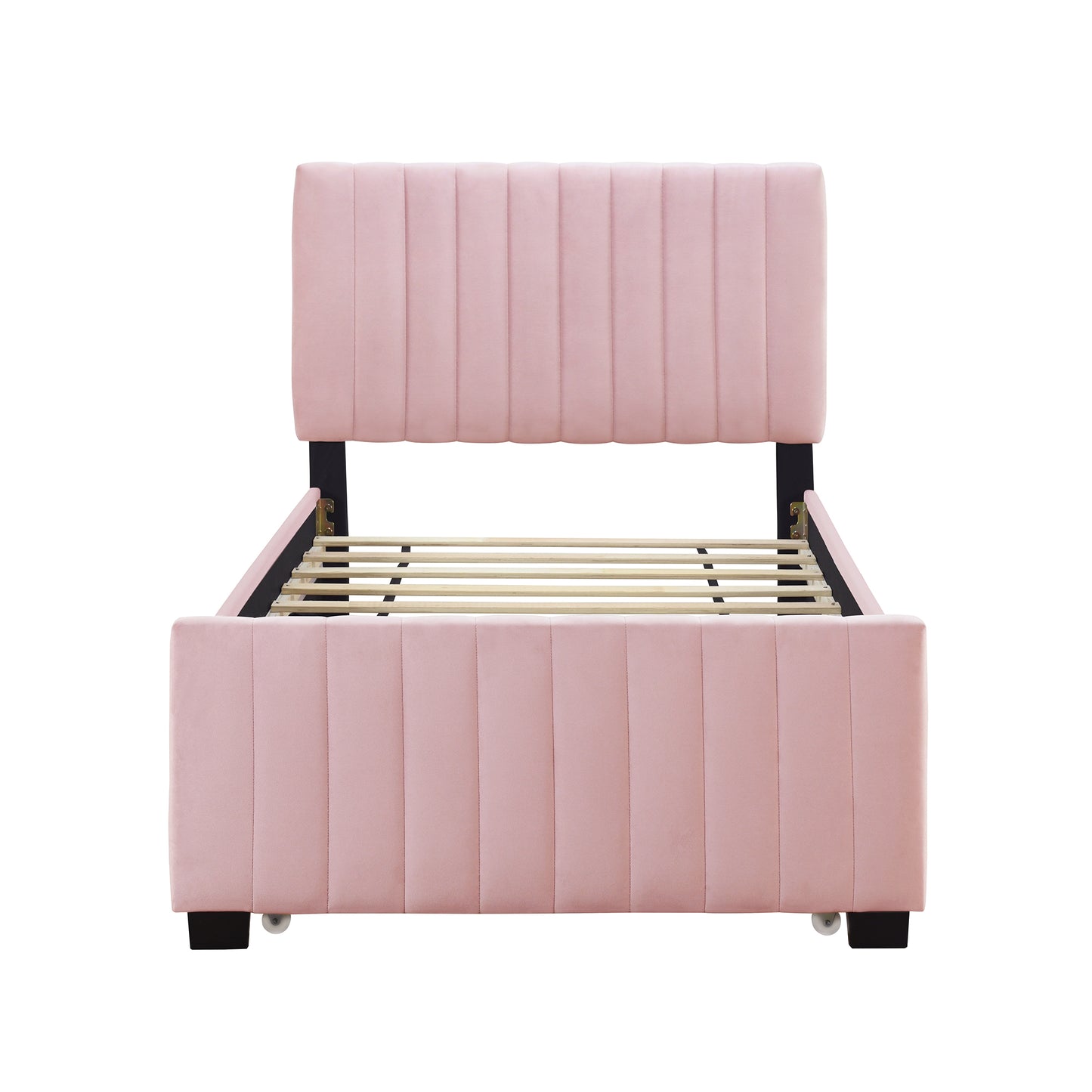 Pink velvet platform bed frame with vertical channel tufting and wooden slats for mattress support