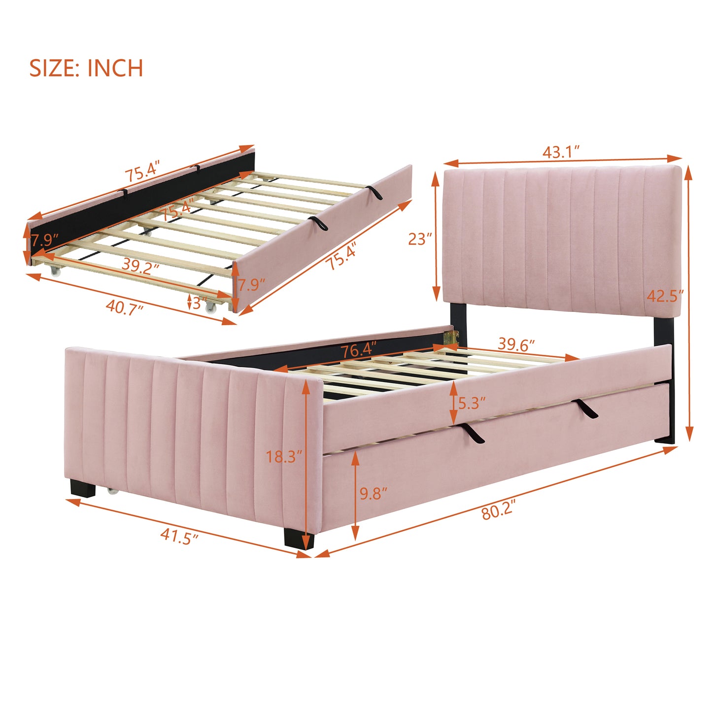 Pink velvet twin bed with drawers and upholstered headboard showing dimensions