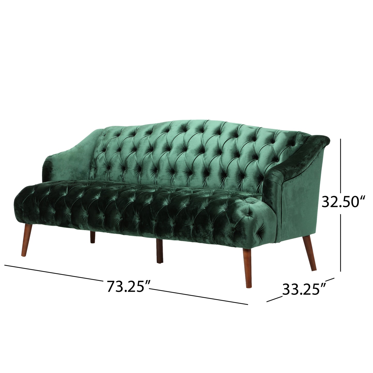 Emerald green velvet chesterfield sofa with button tufting and wooden legs