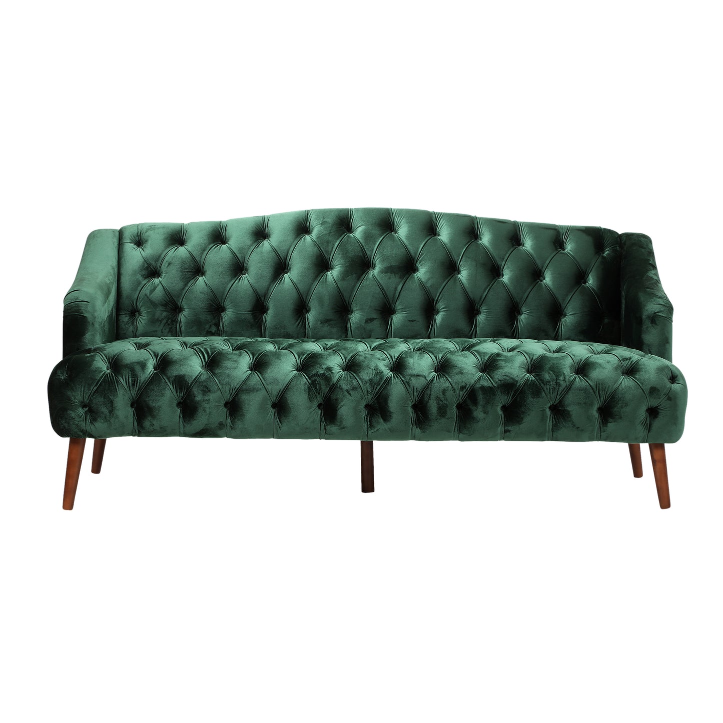 Deep green velvet Chesterfield sofa with button tufting and wooden legs elegant accent furniture