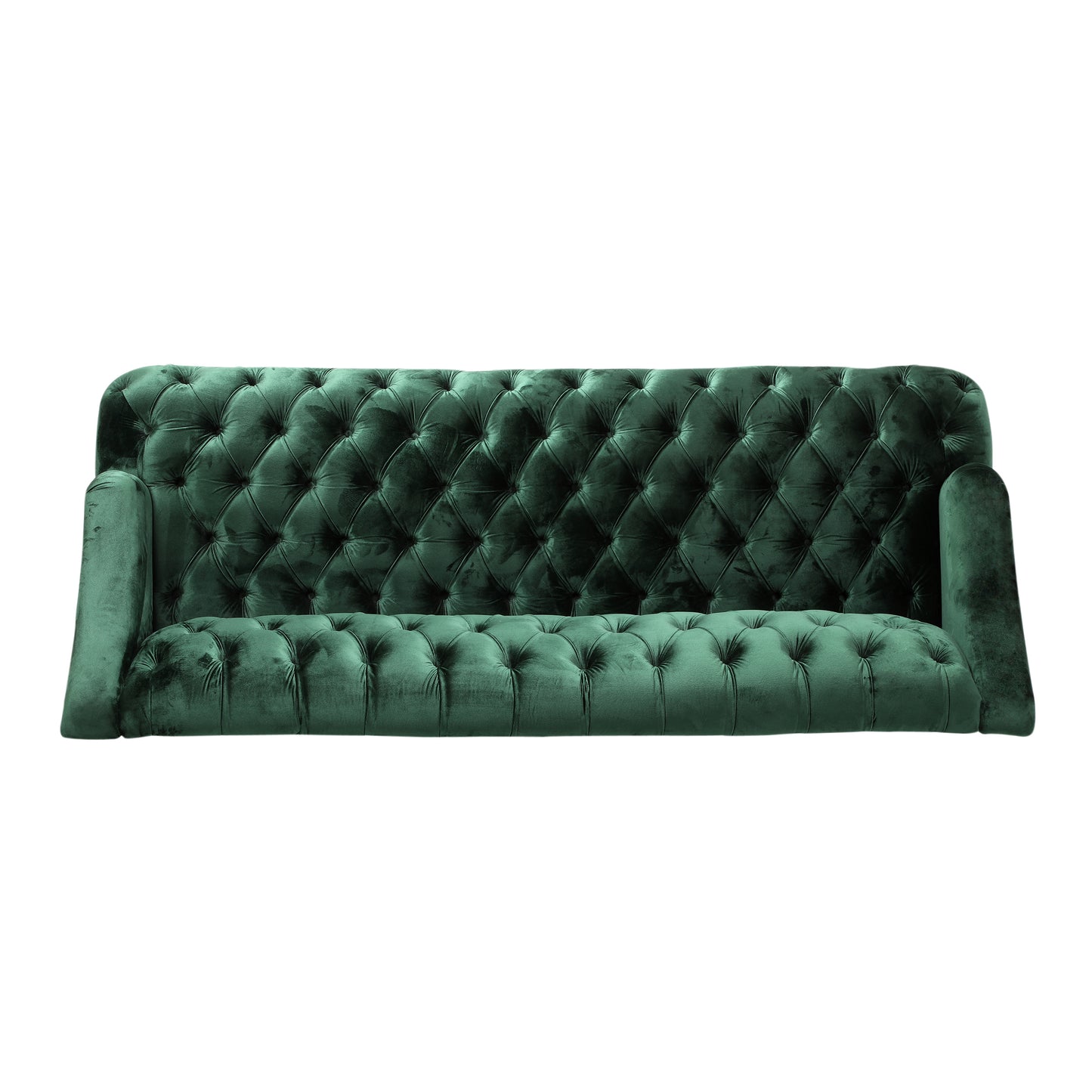 Deep emerald green velvet Chesterfield sofa with diamond tufting